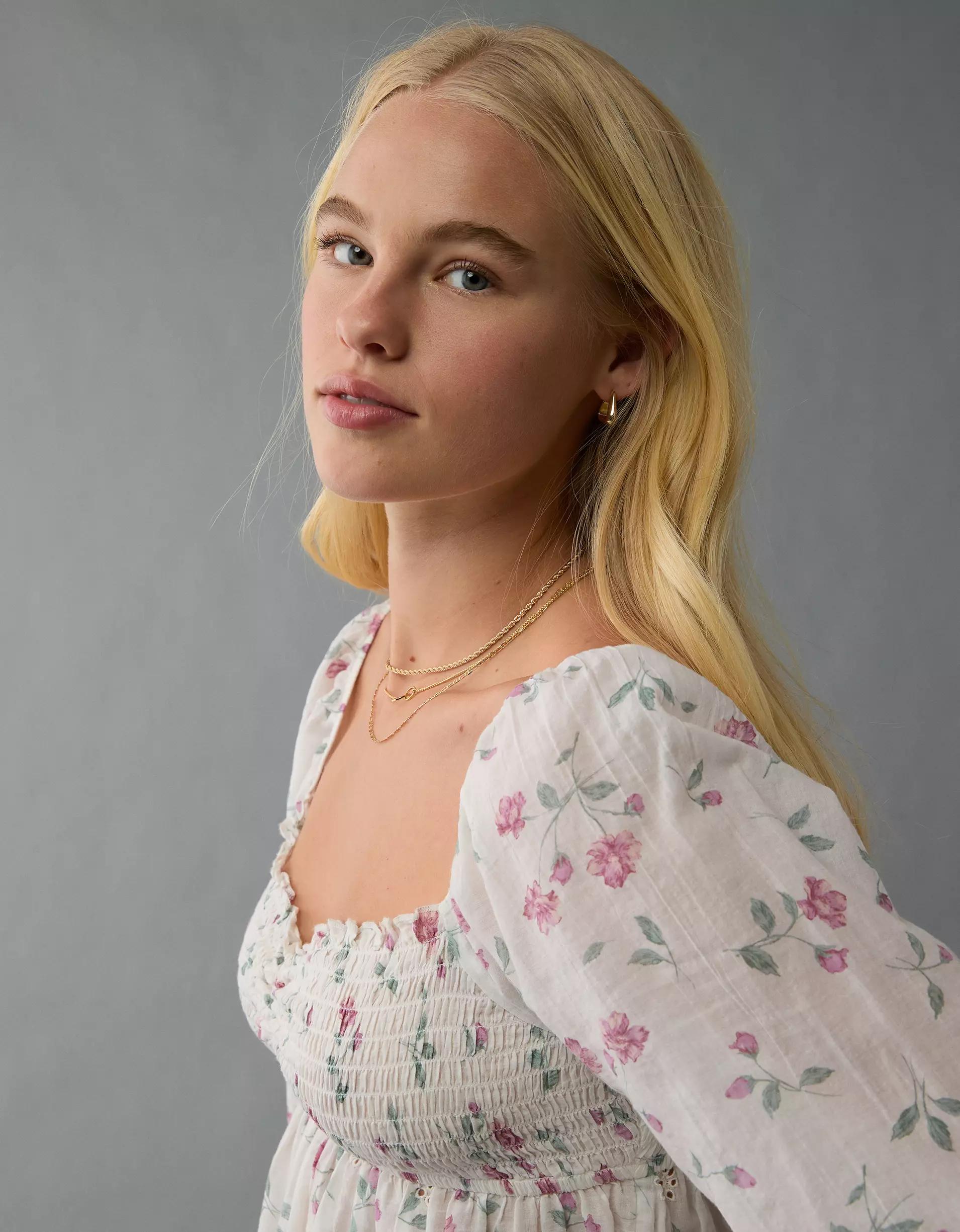 AE Long-Sleeve Smocked Babydoll Blouse Product Image