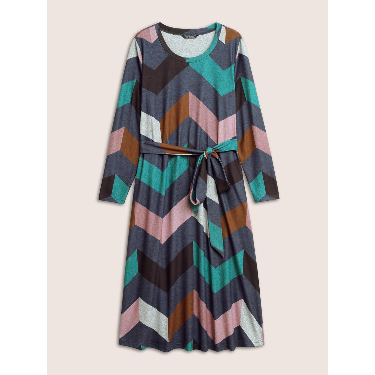 Plus Size Crew Neck Contrast Colorblock Belted Dress Multicolor Women Casual Belted Round Neck Long Sleeve Curvy Midi Dress BloomChic 14-16/1X Product Image