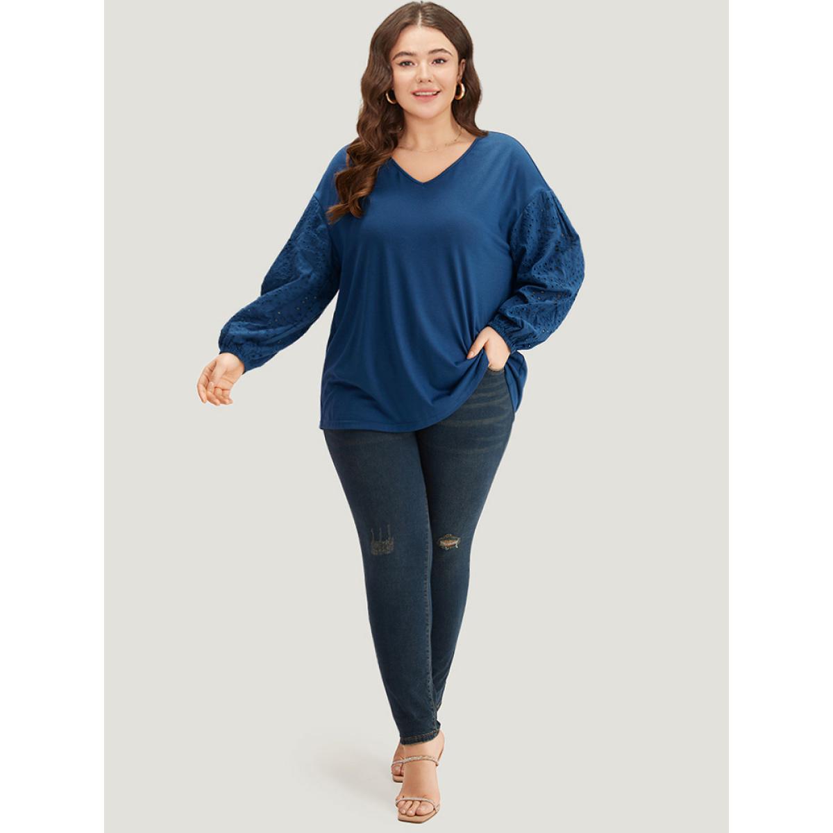 Plus Size V Neck Broderie Anglaise Patchwork Lantern Sleeve T-shirt Aegean Women Elegant Elastic cuffs Plain V-neck Dailywear T-shirts BloomChic 10/M Product Image