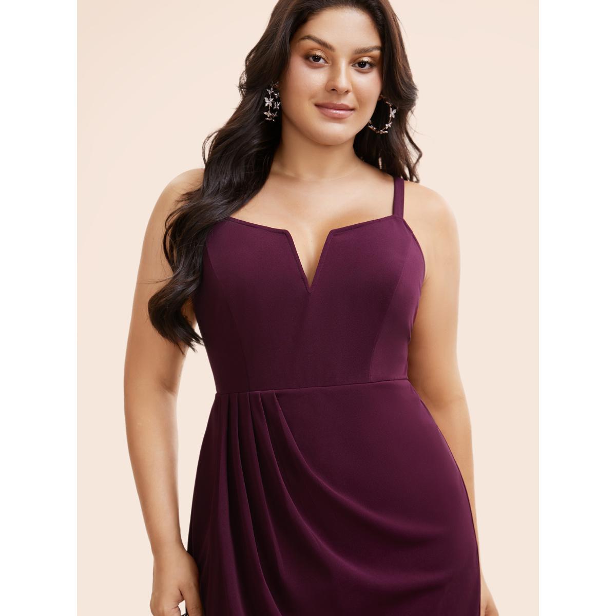 Plus Size Plain Notched Pleated Detail Spaghetti Strap Wrap Hem Dress Eggplant Women Party&Cocktail Adjustable Straps Heart neckline Sleeveless Curvy Midi Dress BloomChic 18-20/2X Product Image