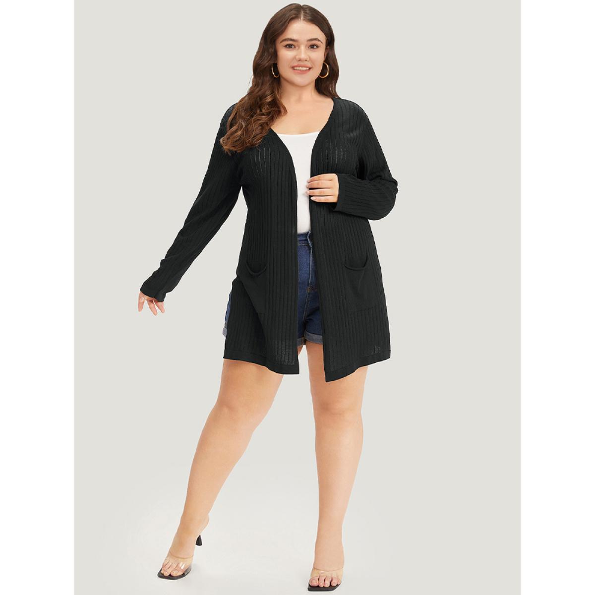 Plus Size Solid Rib Knit Pocket Lightweight Tunic Cardigan Black Women Basics Loose Long Sleeve Everyday Cardigans BloomChic 10/M Product Image