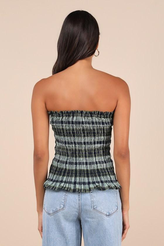 Rigia Green and Blue Plaid Cotton Smocked Strapless Top Product Image