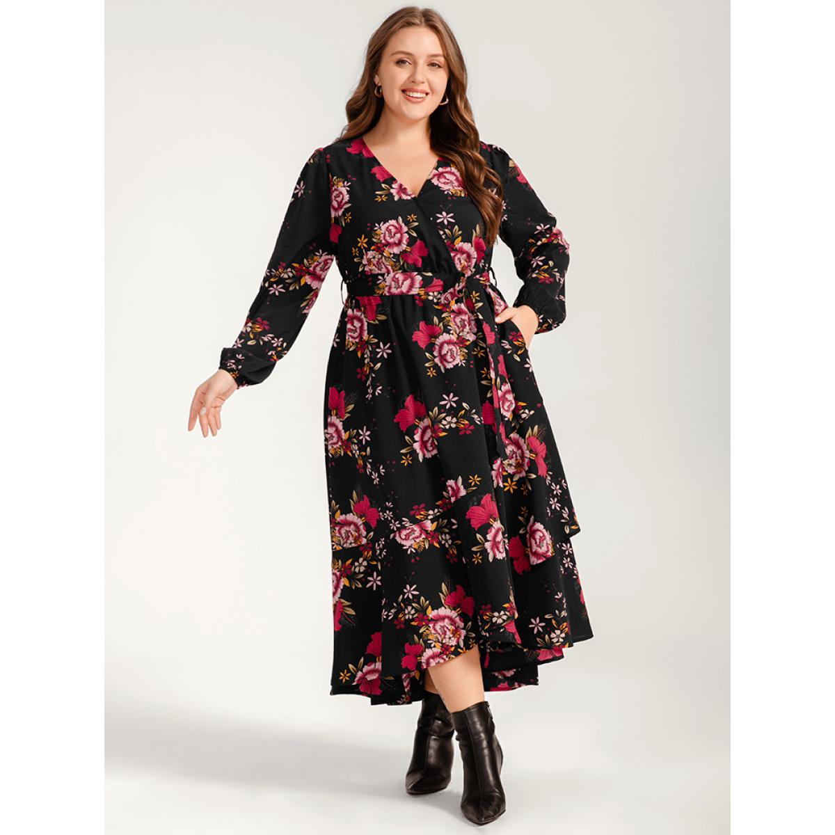 Plus Size Floral Ruffle Lantern Sleeve Pocket Belted Asymmetrical Hem Dress Black Women Elegant Cross straps V-neck Long Sleeve Curvy Long Dress BloomChic 26/4X Product Image