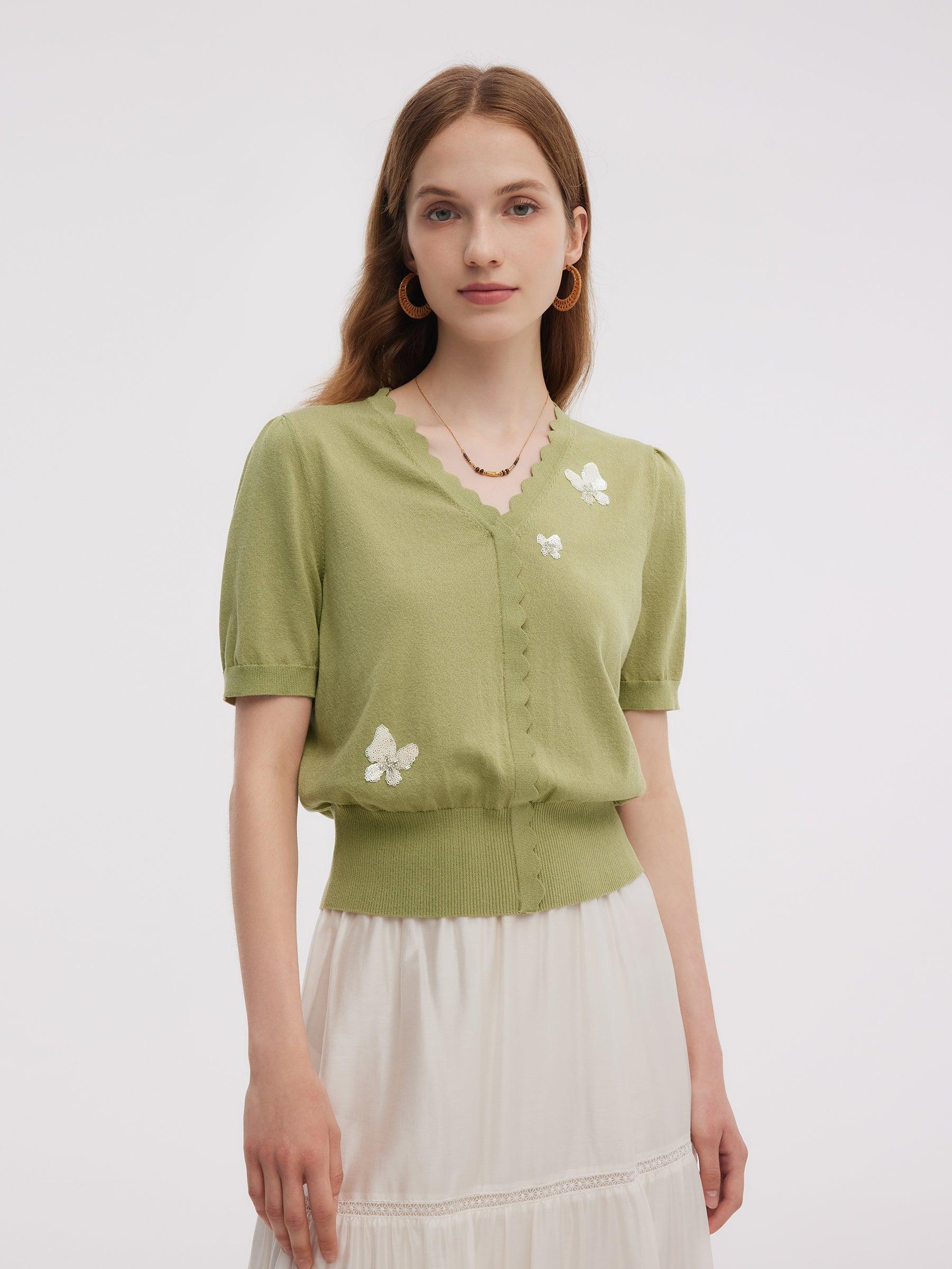 Tencel Blend Butterfly Embroidered Women Knit Top Product Image