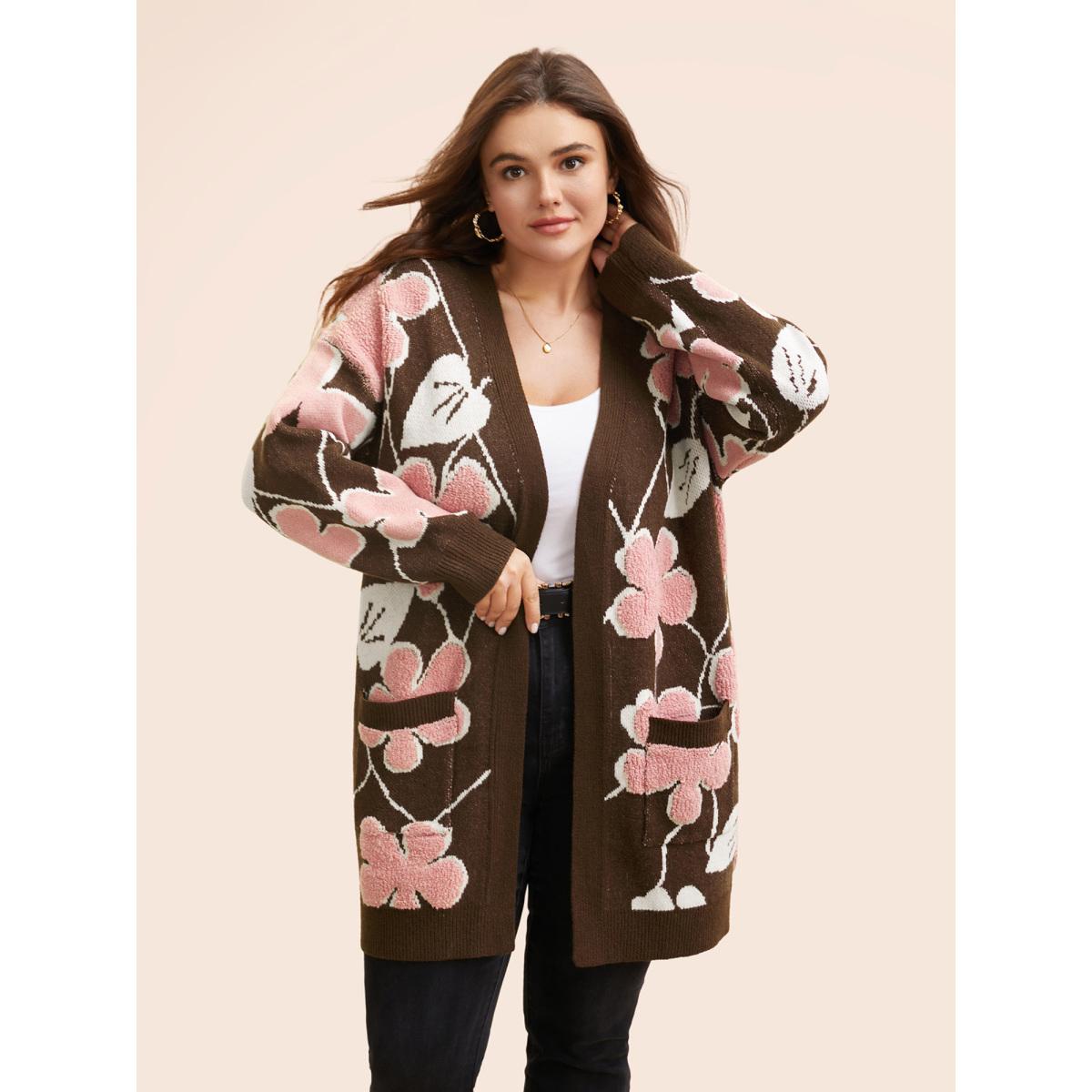 Plus Size Floral Jacquard Open Front Pocket Cardigan Browncoffeecolor Women Playful Loose Long Sleeve Casual Cardigans BloomChic 18-20/2X Product Image