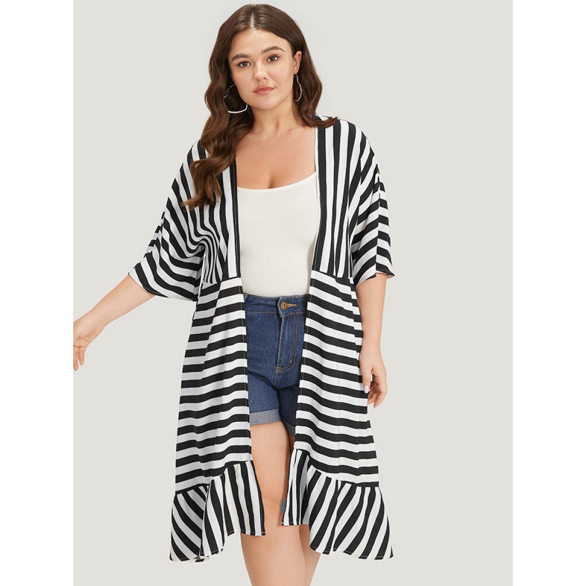 Plus Size Striped Ruffle Hem Pocket Open Front Kimono Women Black Elegant Ruffles Pocket Dailywear Kimonos BloomChic 14-16/1X Product Image
