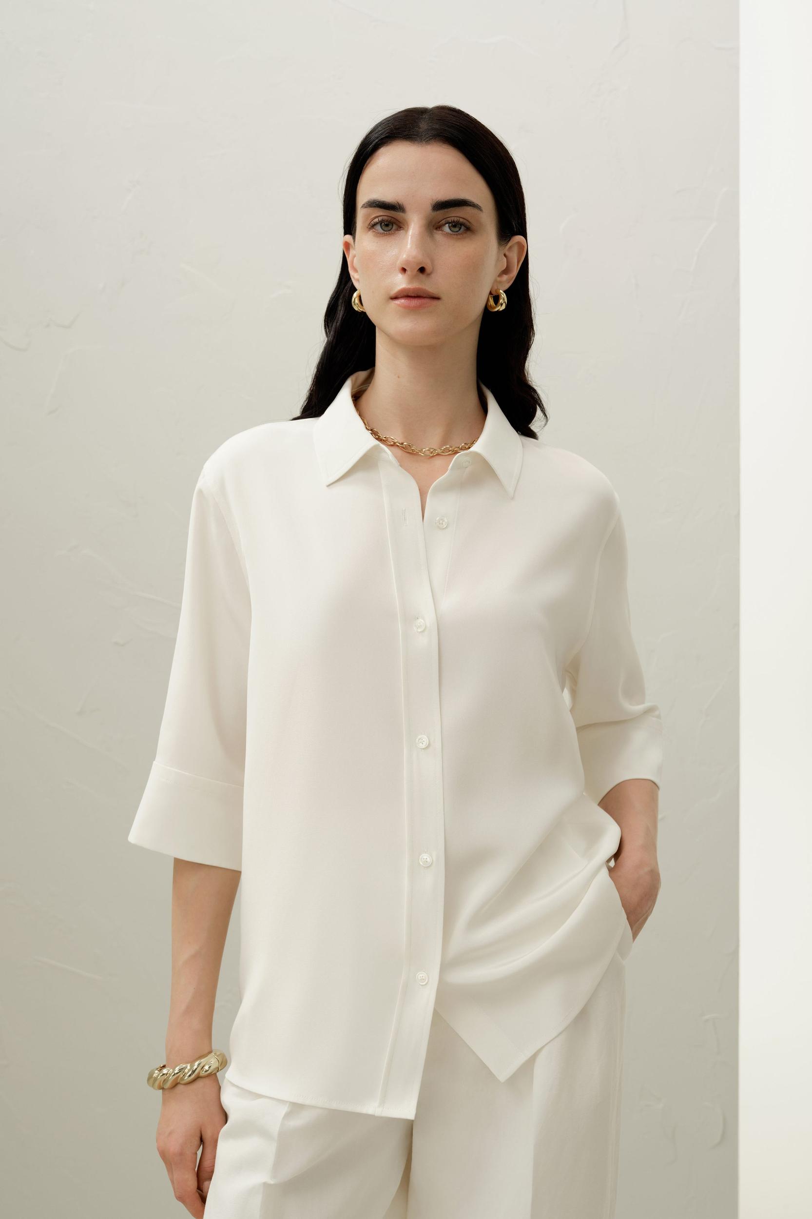 Silk Crepe Relaxed Half-Sleeve Shirt Product Image