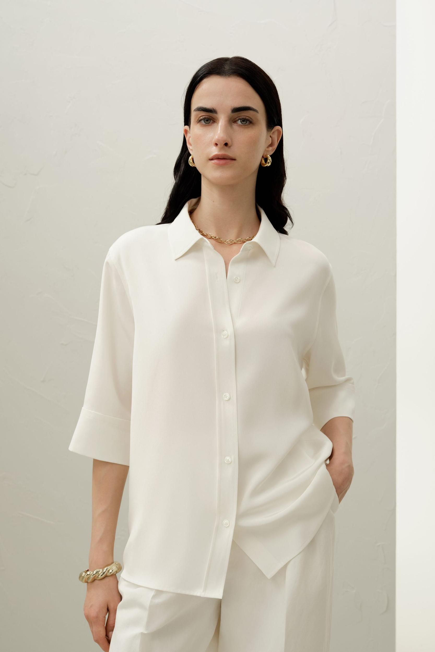 Silk Crepe Relaxed Half-Sleeve Shirt Product Image