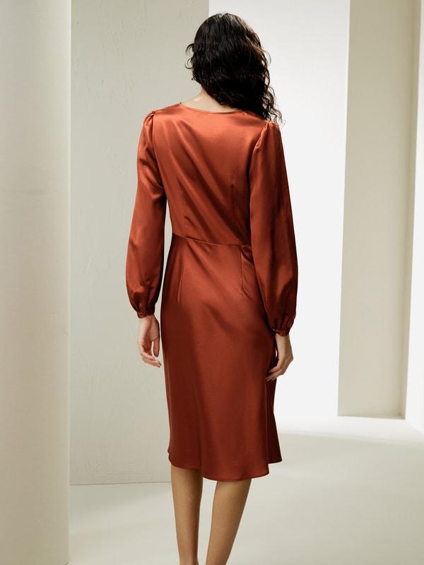 LILYSILK Long Sleeve Dress Silk for Women Red Clay Natural Silk Versatile Pleated Cups Dress 2 Product Image
