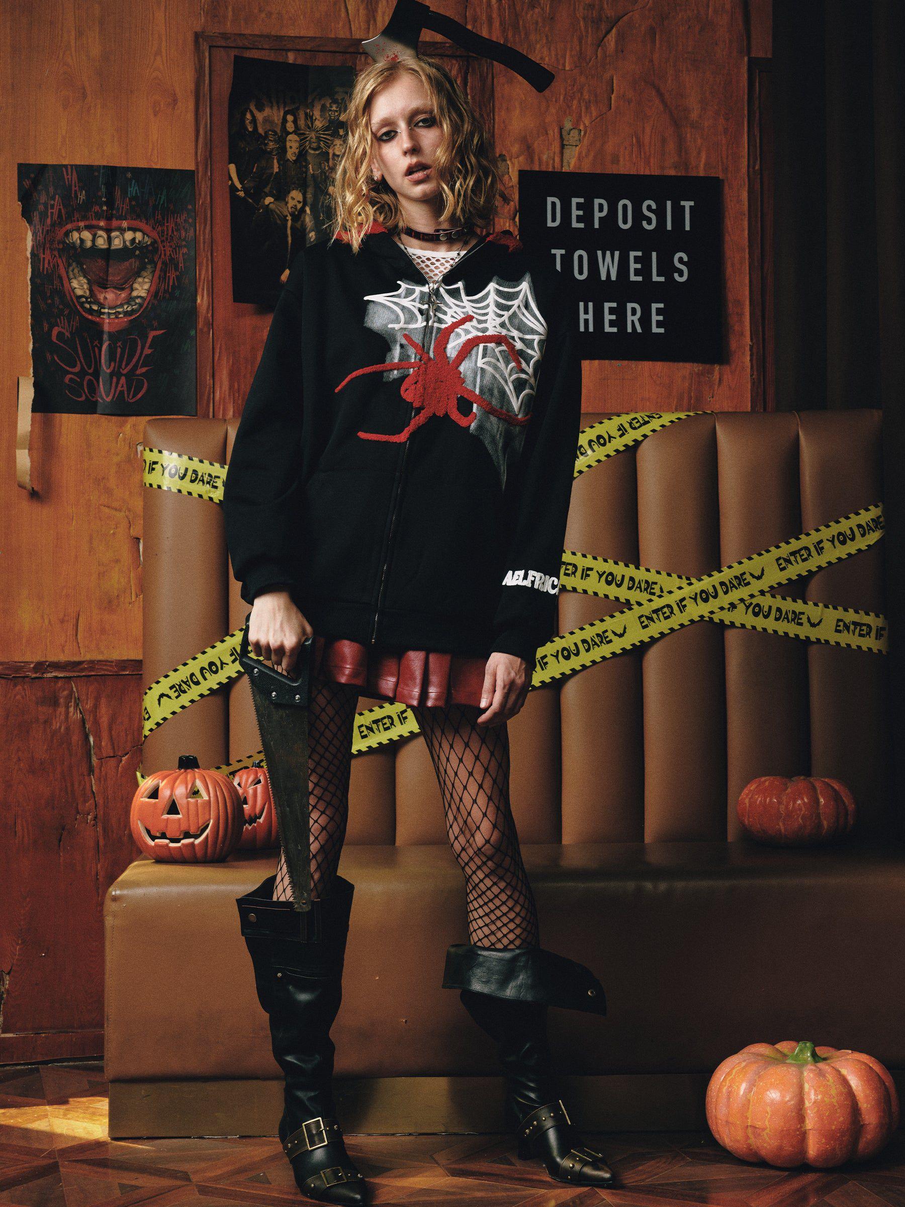 Aelfric Eden Horn Design Flocking Spider Zip Up Hoodie Product Image