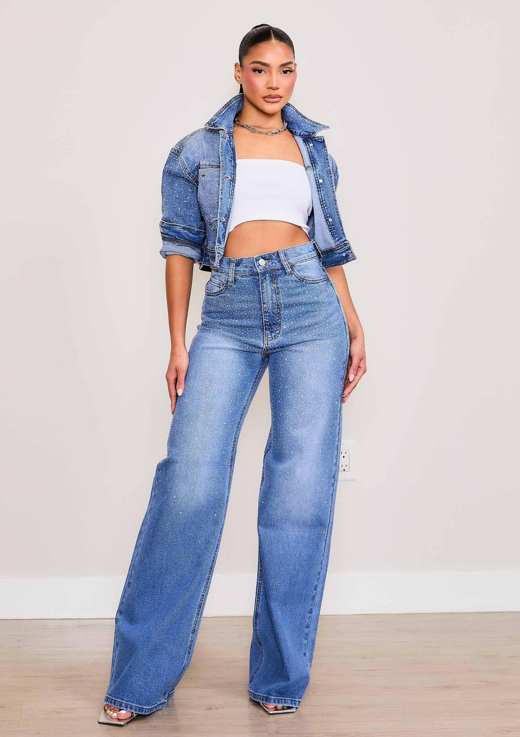 Iridescent Rhinestone High-Rise Wide Leg Jeans Product Image