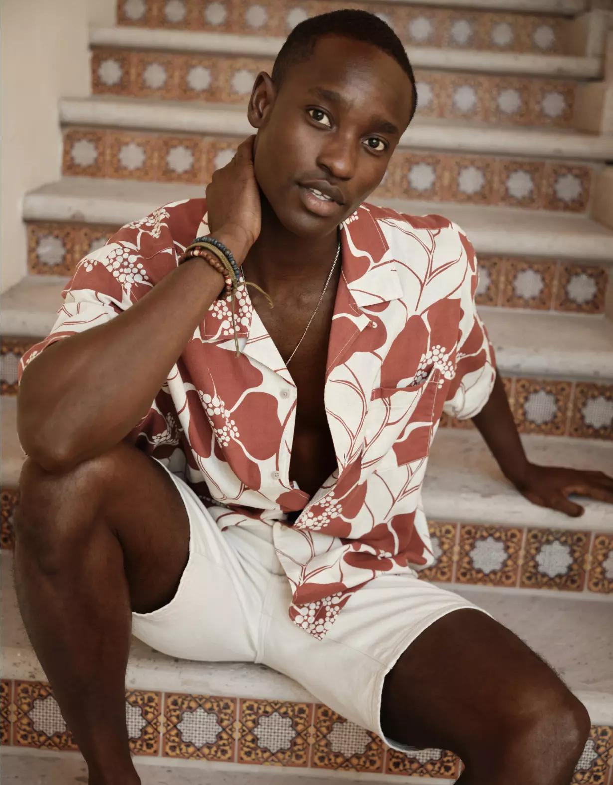 AE Poolside Linen-Blend Floral Button-Up Shirt Product Image