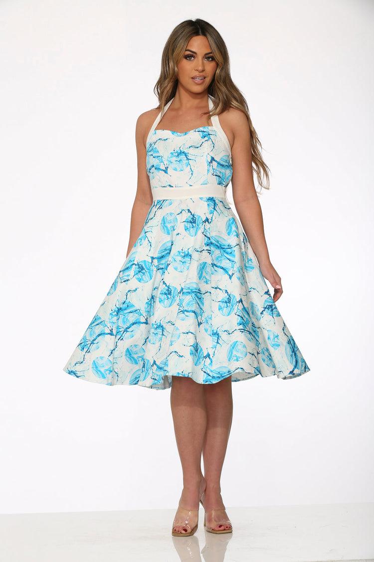 White & Blue Floral Halter Dress Product Image