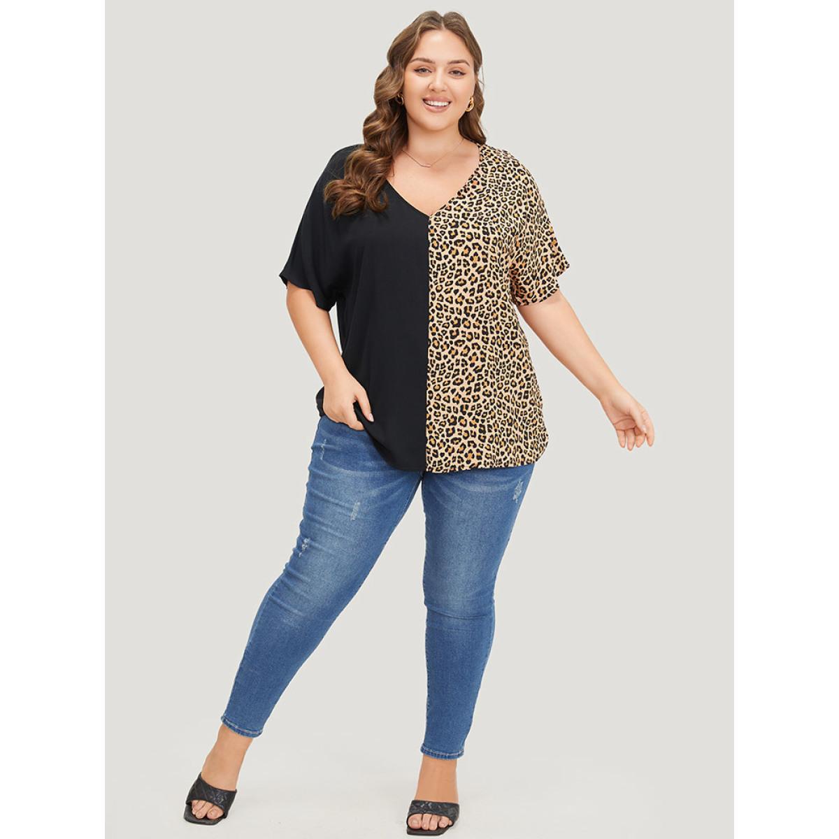 Plus Size Black Leopard Patchwork Dolman Sleeve Blouse Women Elegant Short sleeve V-neck Dailywear Blouses BloomChic 22-24/3X Product Image