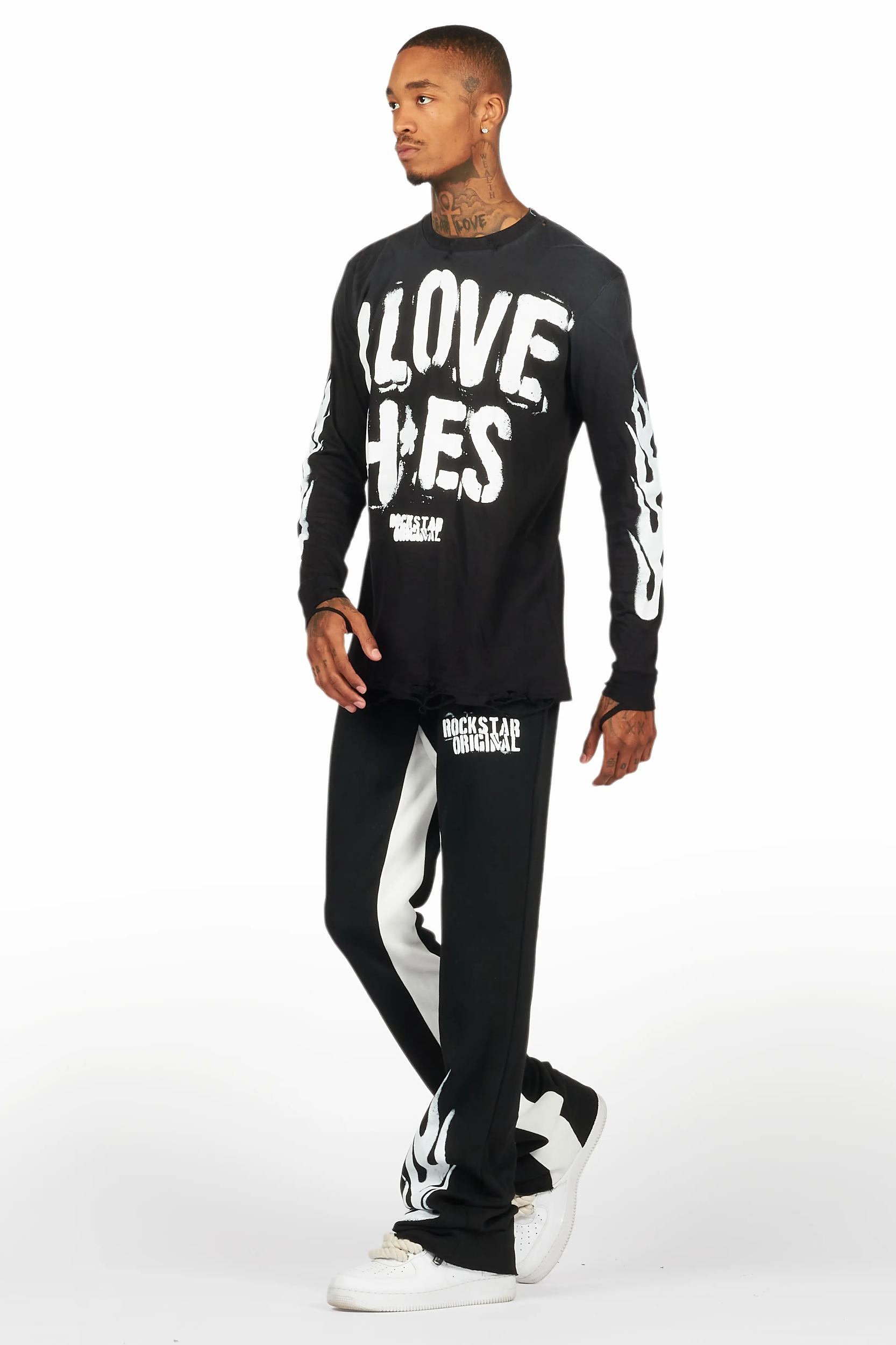 Banyan Black/White Long Sleeve T-Shirt/Stacked Baggy Track Pant Set Male Product Image