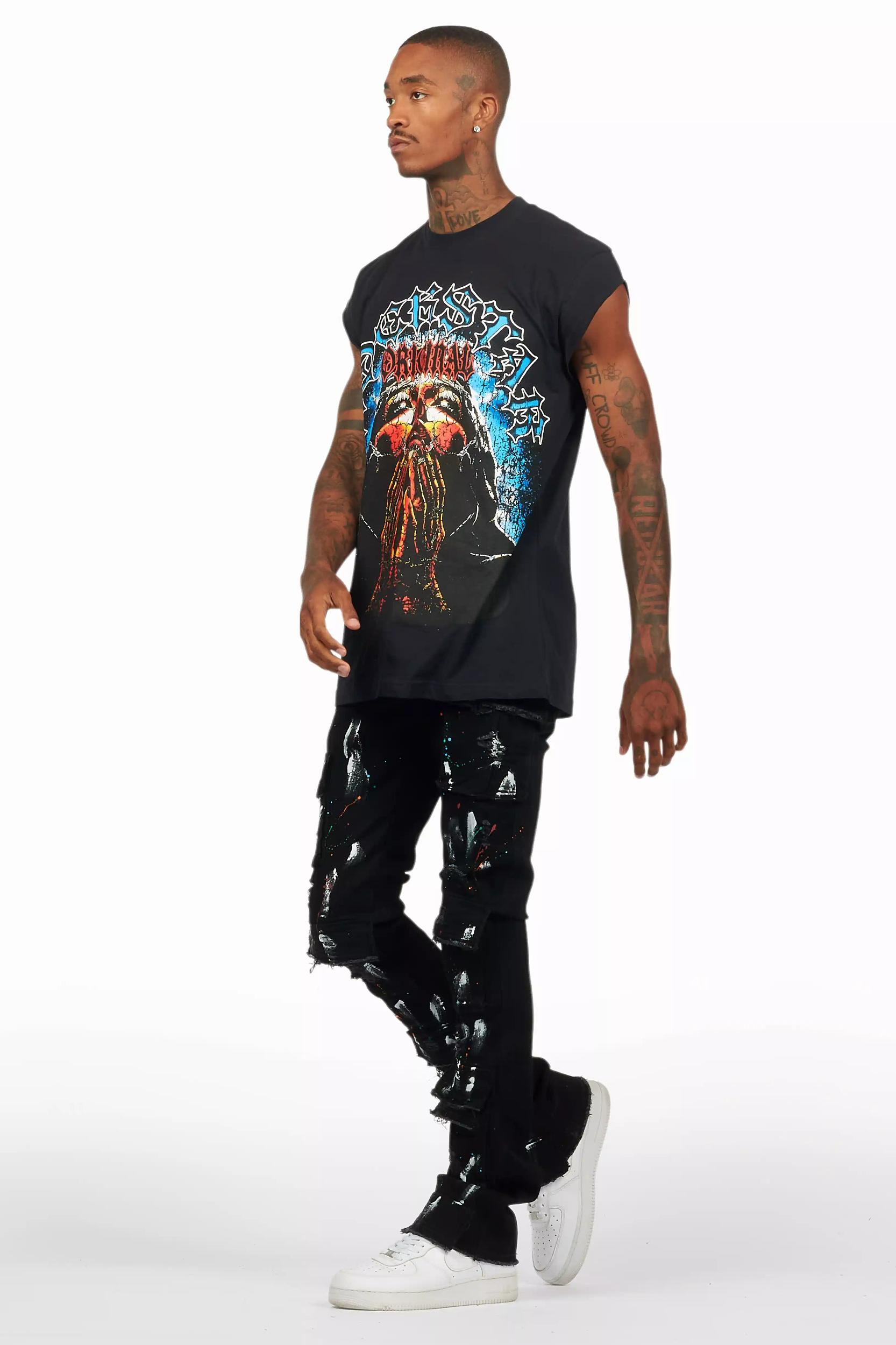 Fields Black T-Shirt/Nello Painted Super Stacked Flare Jean Set Male Product Image