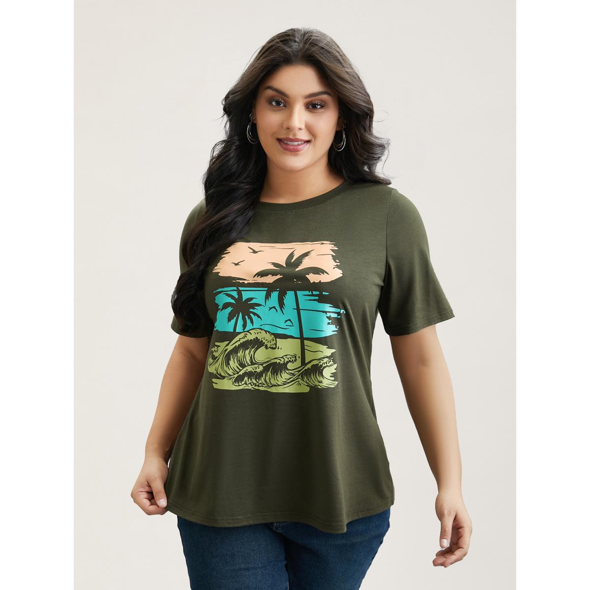 Plus Size Vacation Print Round Neck T-Shirt ArmyGreen Women Casual Non Tropical Round Neck Everyday T-shirts BloomChic 26/4X Product Image