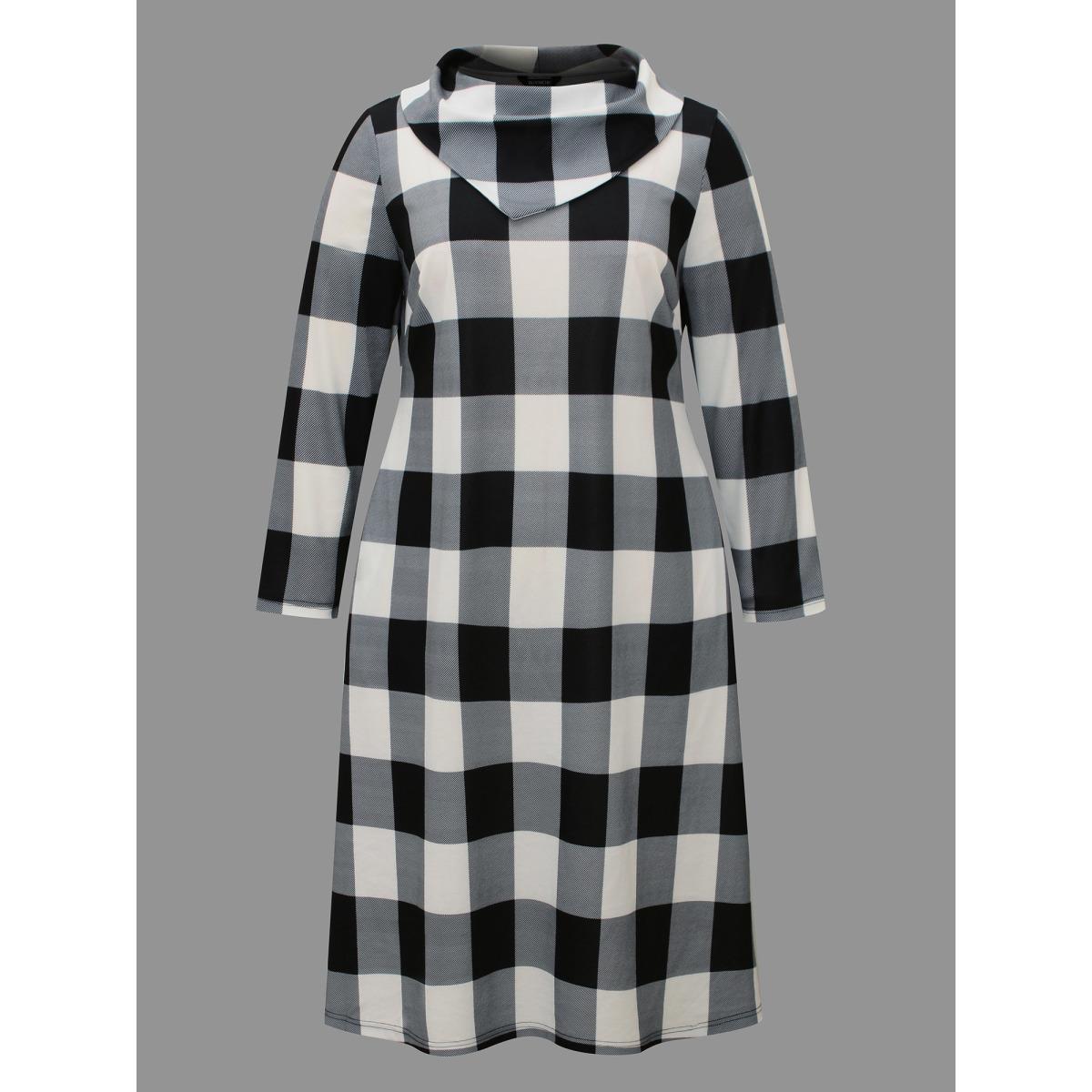Plus Size Plaid Ruffled Collar Pocket Midi Dress Black Women Casual Non Ruffled collar Long Sleeve Curvy BloomChic 26/4X Product Image