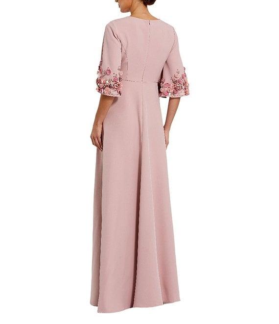 Mac Duggal Crew Neck 3D Floral Applique Elbow Sleeve A-Line Satin Gown Product Image