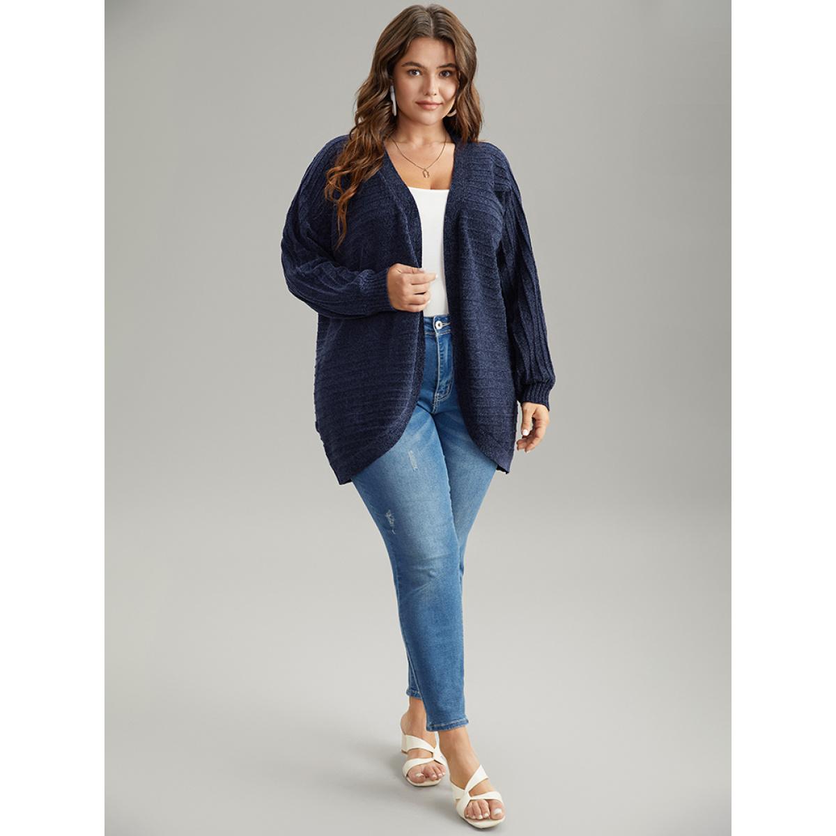 Plus Size Plain Textured Dolman Sleeve Arc Hem Cardigan Indigo Women Casual Loose Long Sleeve Dailywear Cardigans BloomChic 18-20/2X Product Image