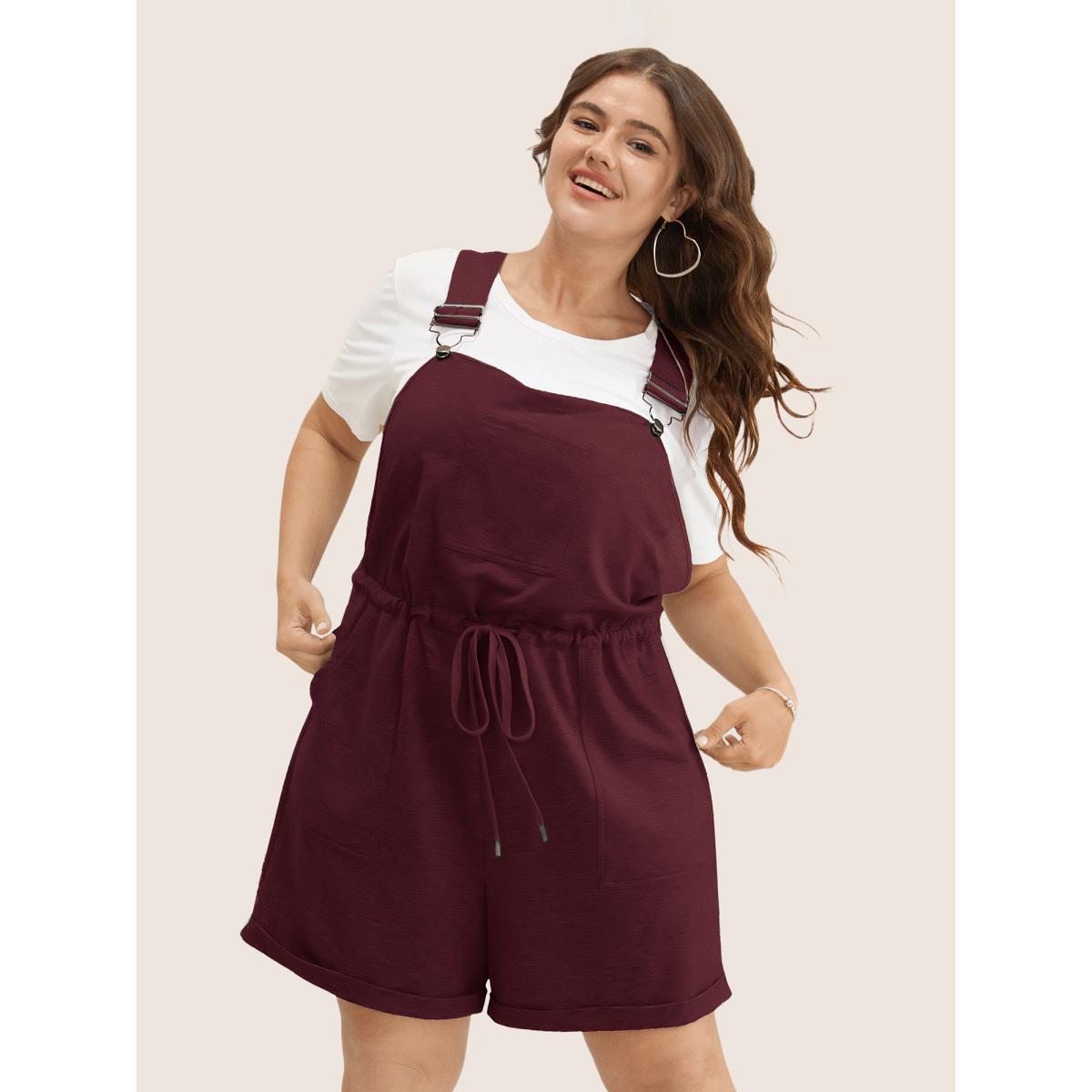 Plus Size Deepred Solid Pocket Drawstring Overall Romper Women Leisure Sleeveless Non Casual Loose Jumpsuits BloomChic 22-24/3X Product Image