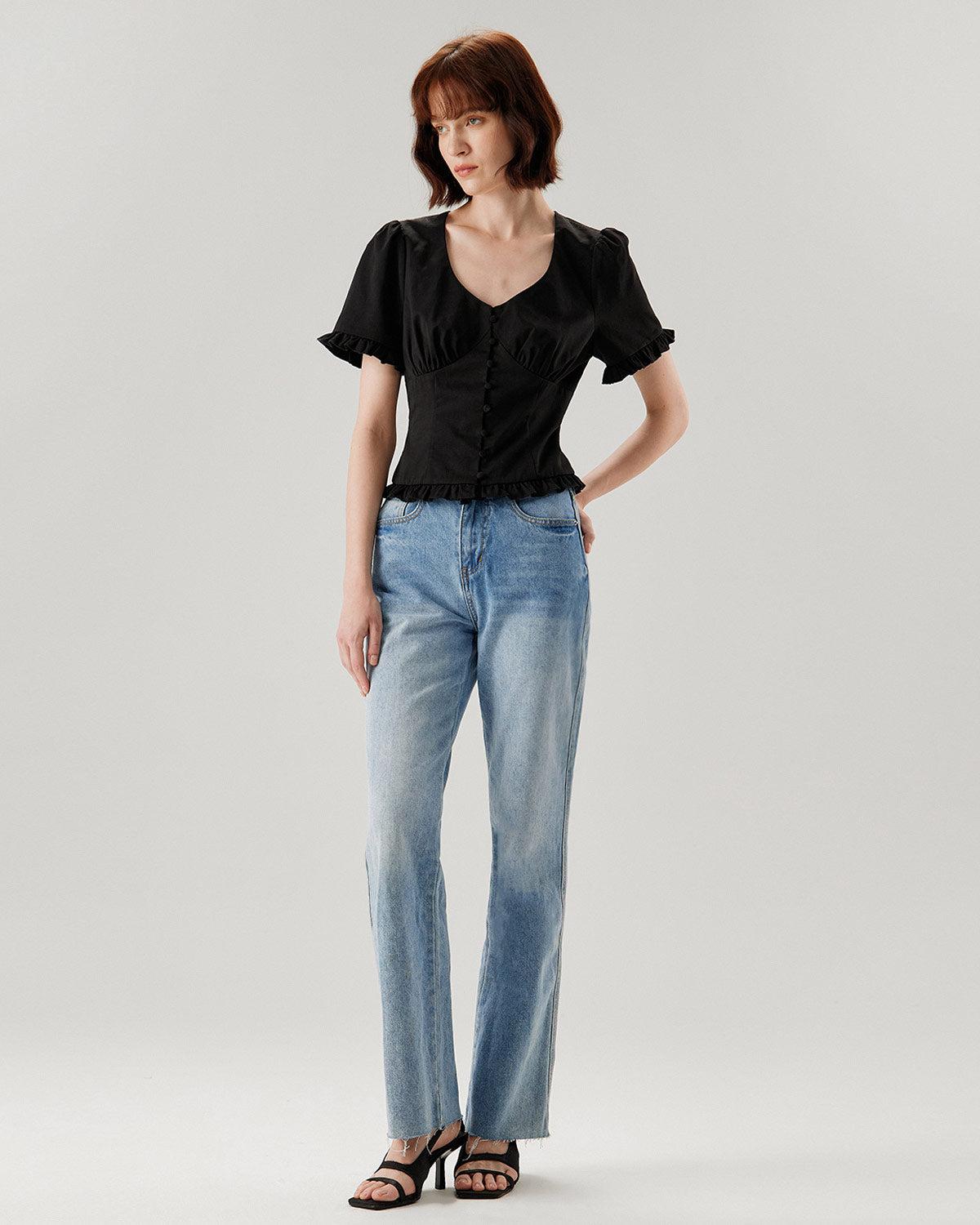 Black V-Neck Ruffle Puffed Sleeve Blouse Product Image