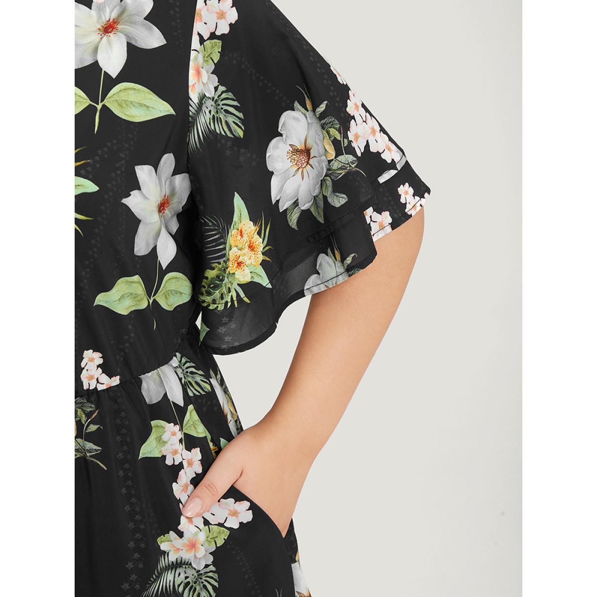 Plus Size Floral Print Ruffle Pocket Keyhole Round Neck Dress BlackFlower Women Elegant Keyhole V-neck Short sleeve Curvy Midi Dress BloomChic 14-16/1X Product Image