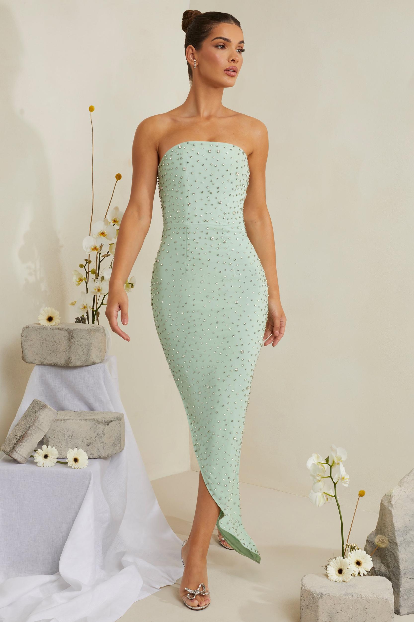 Hand Embellished Asymmetric Midi Dress in Sage Product Image