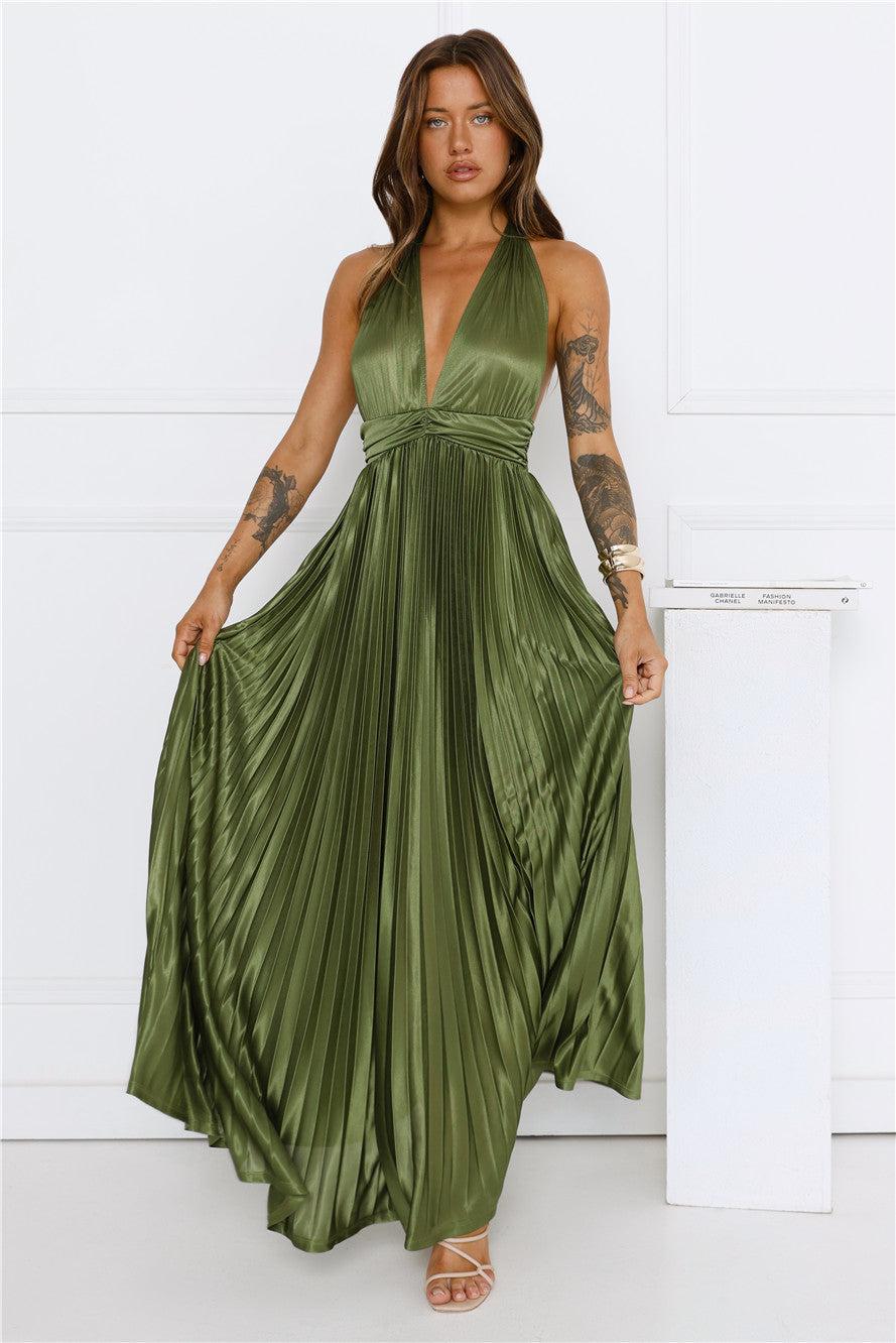 Shimmering Sea Pleated Halter Maxi Dress Olive Product Image
