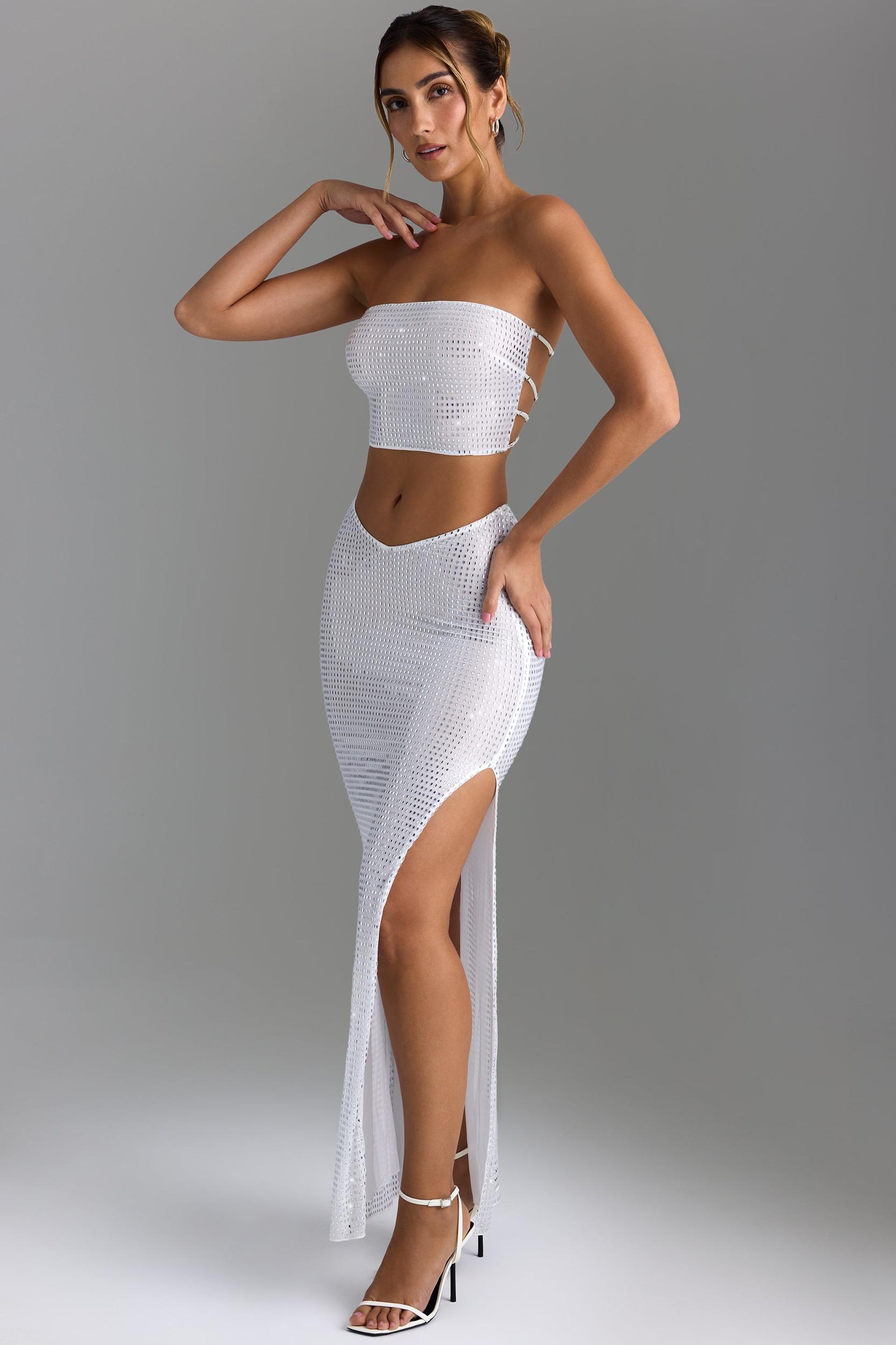 Embellished V-Waist Maxi Skirt in White Product Image