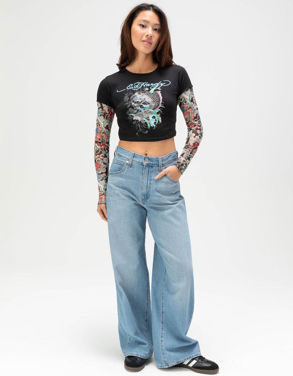 ED HARDY Koi Fish Womens 2fer Long Sleeve Tee - BLACK COMBO Product Image