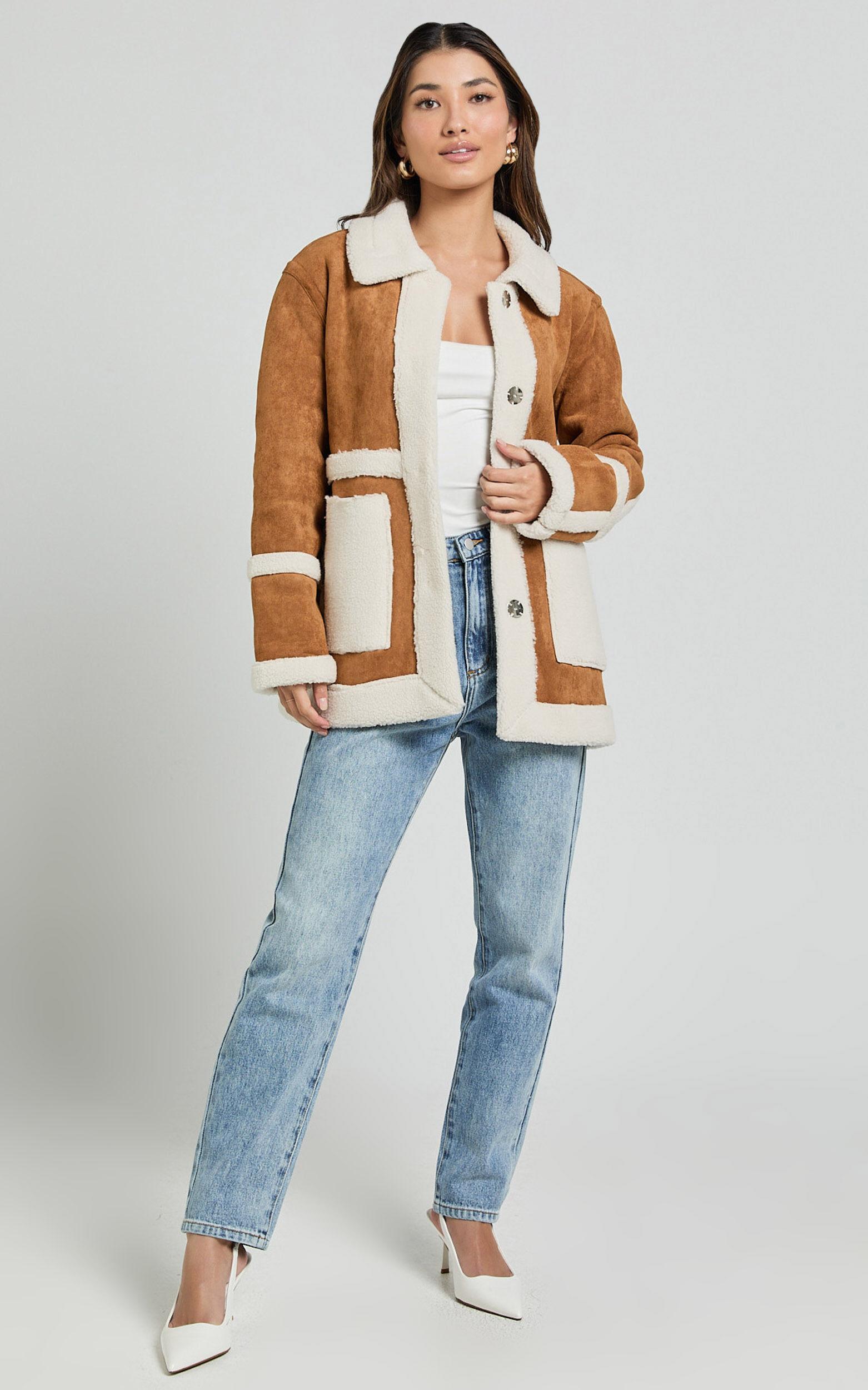 Shelley Coat - Faux Shearling Aviator Coat in Brown Product Image