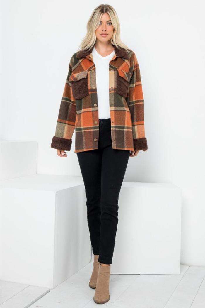 Plaid Wool-Like Shacket with Sherpa Contrast Product Image