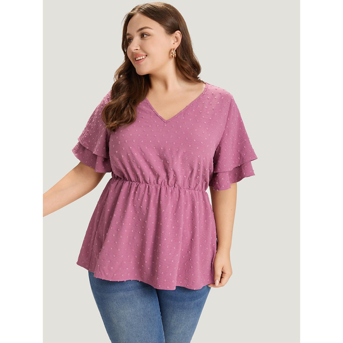 Plus Size Purple Polka Dot Elastic Waist Ruffle Sleeve Layered Blouse Women Elegant Short sleeve V-neck Dailywear Blouses BloomChic 10/M Product Image