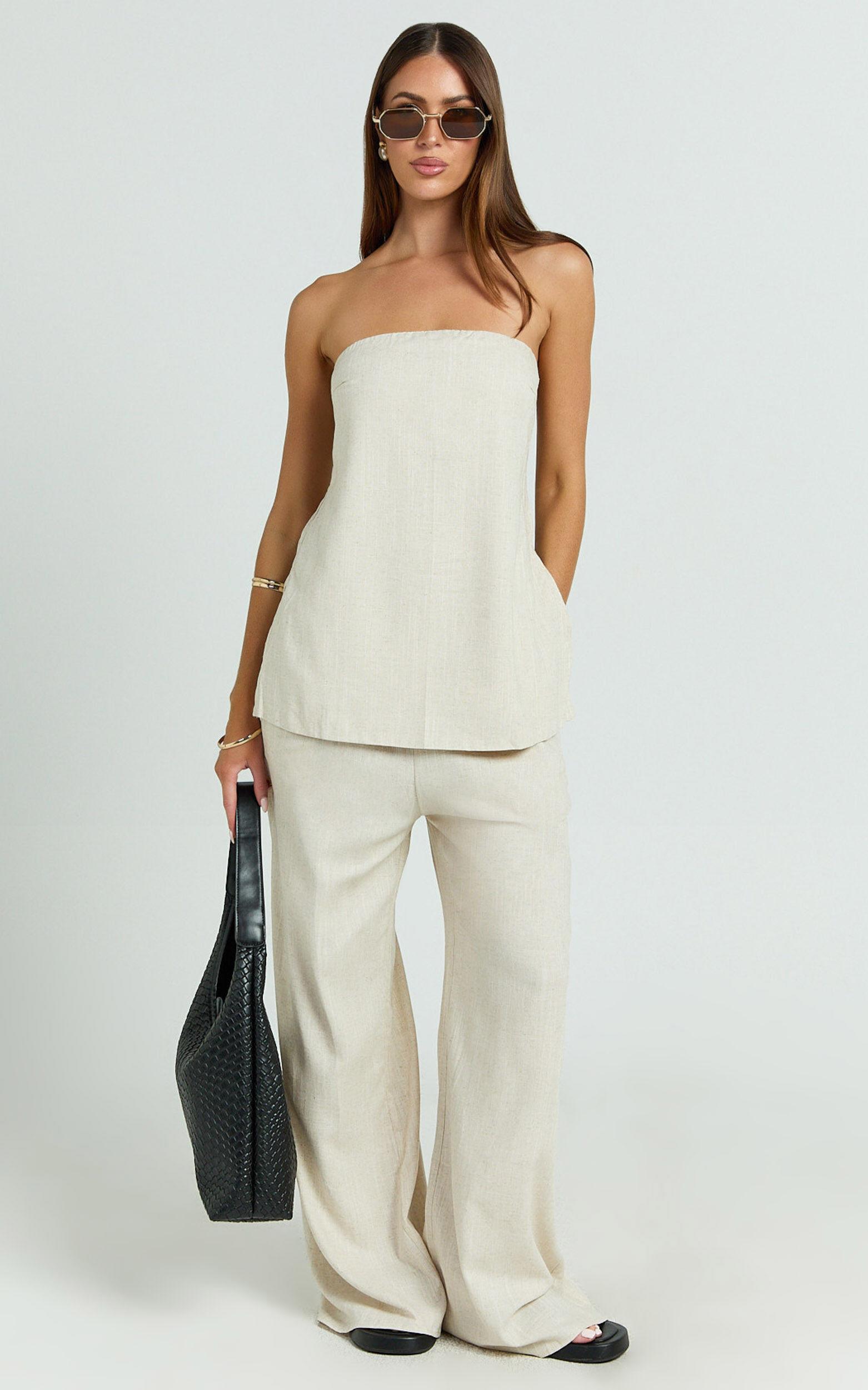 Kiesha Two Piece Set - Strapless Longline Top and Pants Set in Oatmeal Product Image