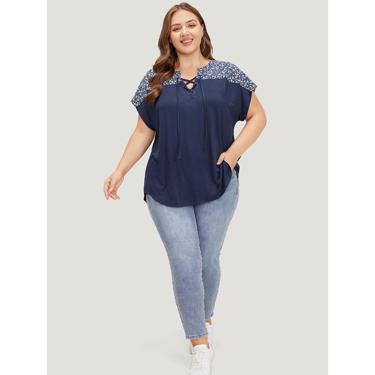 Plus Size Ditsy Floral Patchwork Lace Up Notched T-shirt Indigo Women Elegant Cross straps Ditsy Floral Notched collar Dailywear T-shirts BloomChic 28/5X Product Image