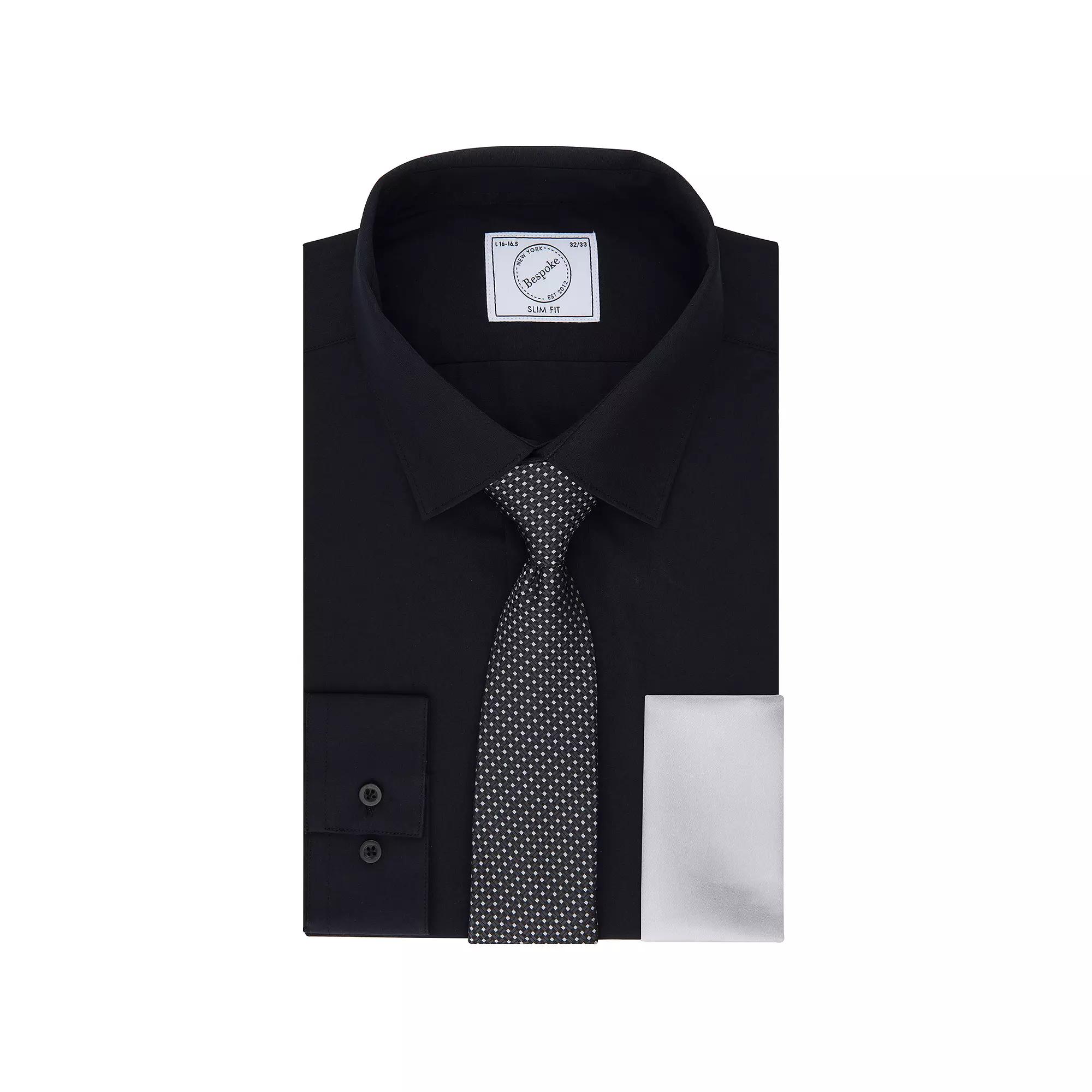 Men's Bespoke Slim-Fit Dress Shirt, Pocket Square & Tie Set, Size: XL-34/35, Black Tie Product Image