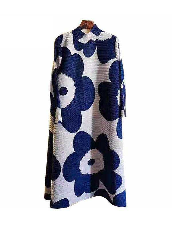 Long Sleeves Loose Flower Print Pleated Mock Neck Mini Dresses Product Image