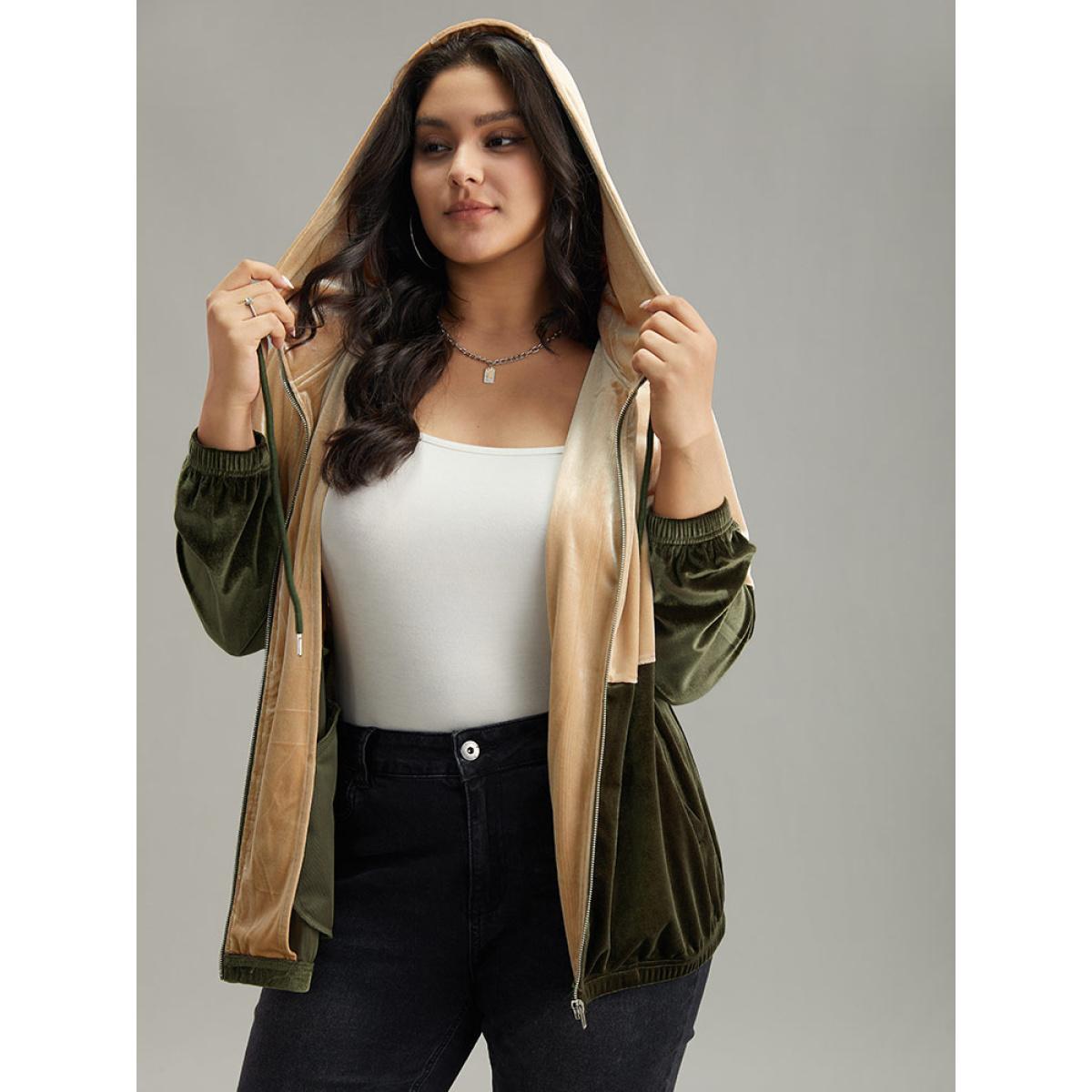 Plus Size Velvet Contrast Hooded Slant Pocket Jacket Women ArmyGreen Velvet Pocket Dailywear Jackets BloomChic 30/6X Product Image