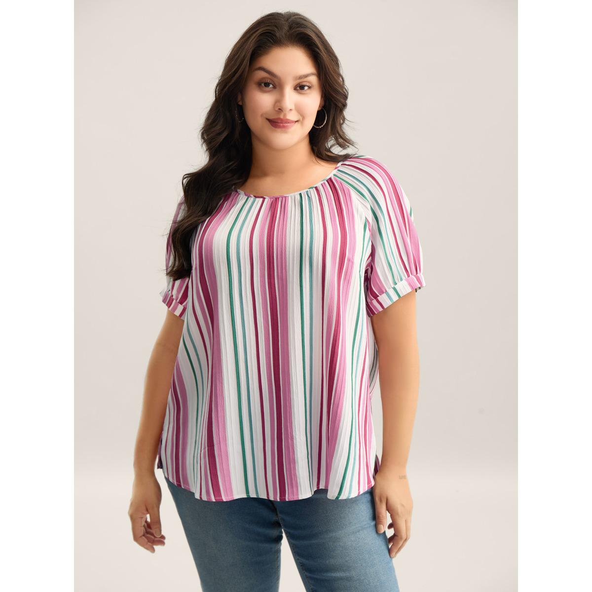 Plus Size Multicolor Stripe Print Round Neck Blouse Women Short sleeve Round Neck Everyday-Casual Blouses BloomChic 22-24/3X Product Image