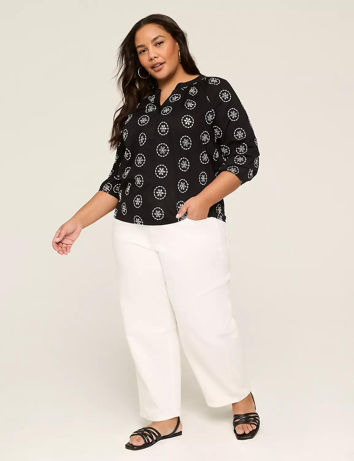 Embroidered 3/4-Sleeve Split-Neck Popover Blouse Product Image