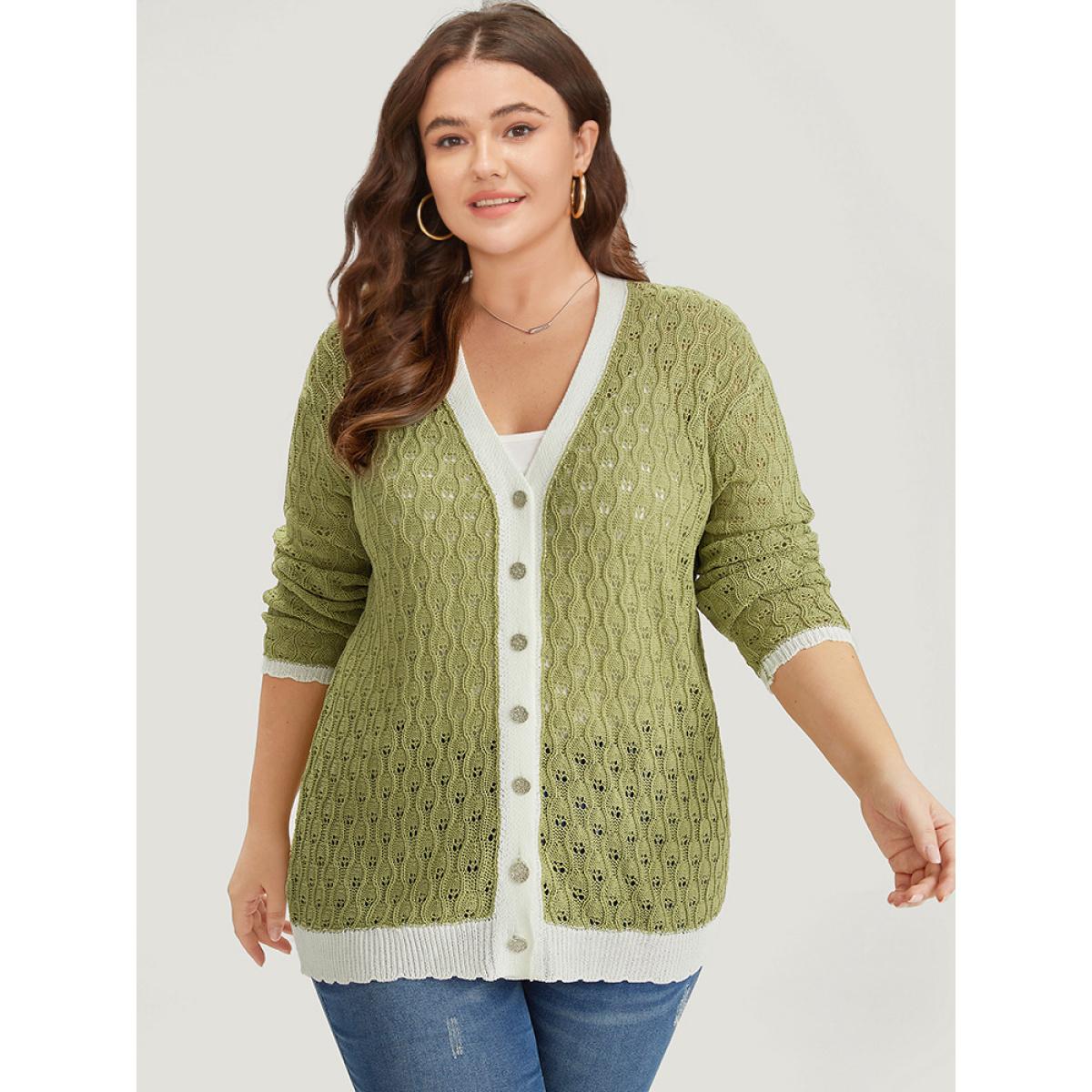 Plus Size Two Tone Patchwork Cut Out Button Down Cardigan Olive Women Casual Loose Long Sleeve Work Cardigans BloomChic 18-20/2X Product Image