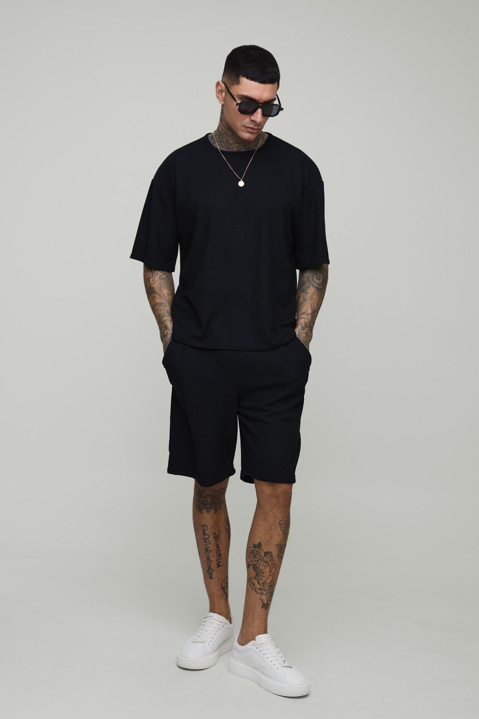 Tall Oversized Textured T-Shirt & Short Set | boohooMAN USA Product Image