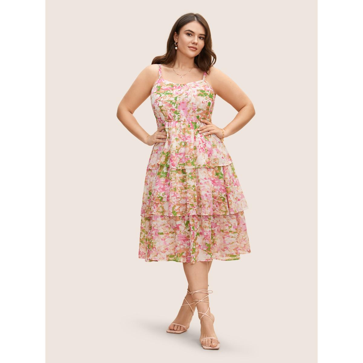 Plus Size Chiffon Floral Shirred Ruffle Layered Hem Dress Multicolor Women Elegant Shirred Non Sleeveless Curvy BloomChic 26/4X Product Image
