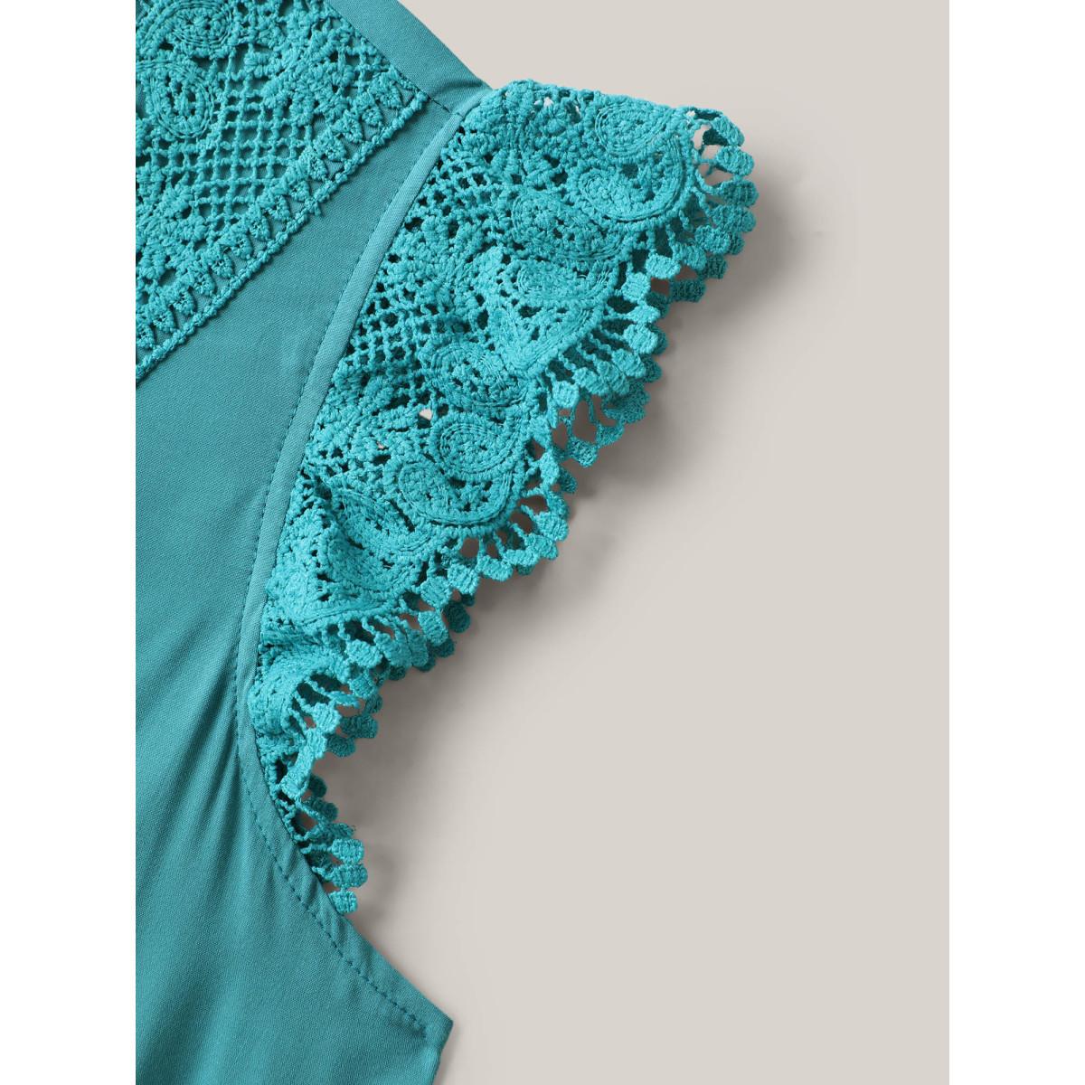 Plus Size Lace Detail Pockets Flutter Sleeve Midi Dress Turquoise Women V-neck Cap Sleeve Curvy BloomChic 10/M Product Image