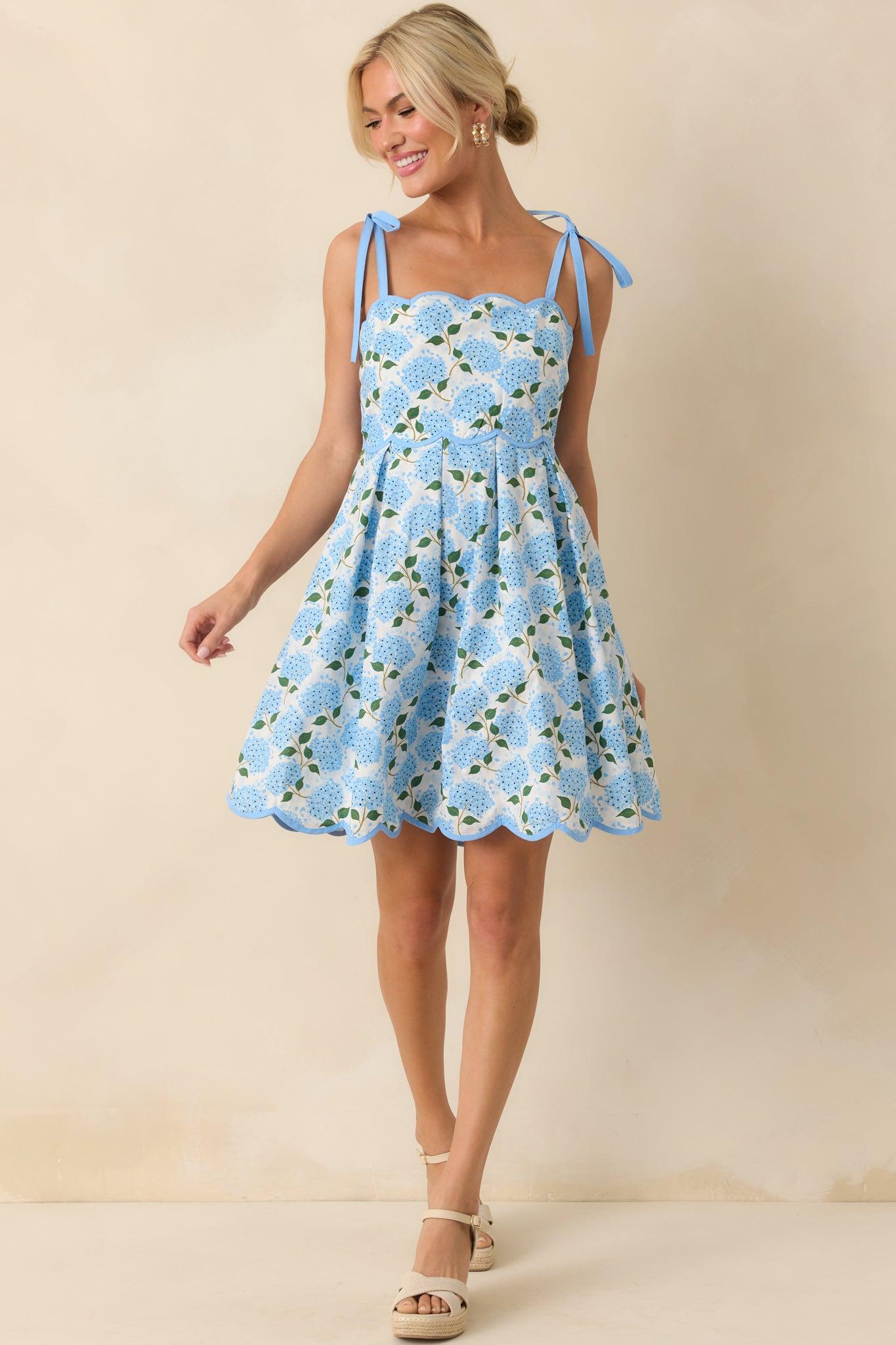 In Her Own World Blue Hydrangea Floral Print Cotton Mini Dress Product Image