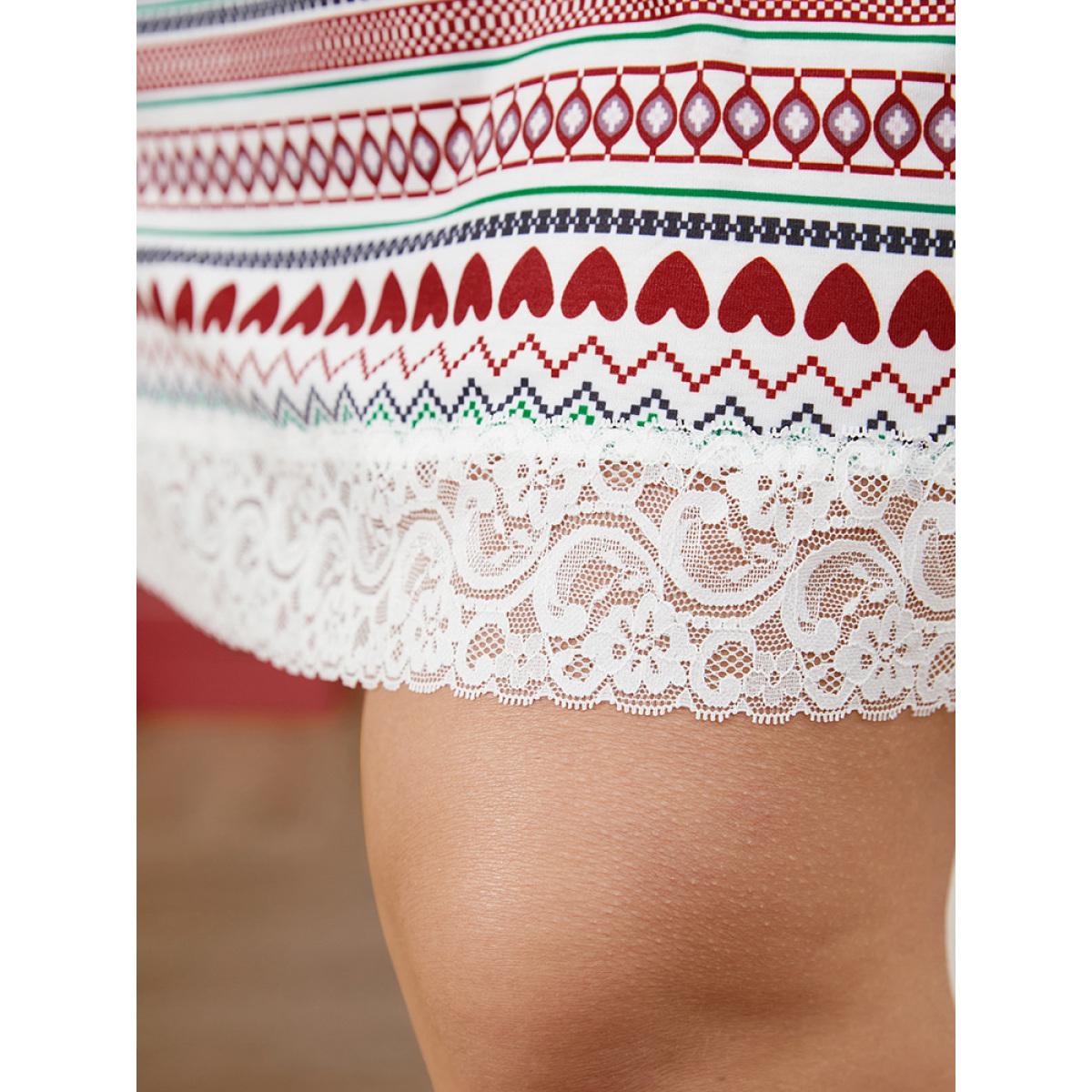 Plus Size Snowflake Print Contrast Lace Backless Short Dress Women Multicolor Elegant Graphic-Christmas Patchwork V-neck Loungewear BloomChic 22-24/3X Product Image