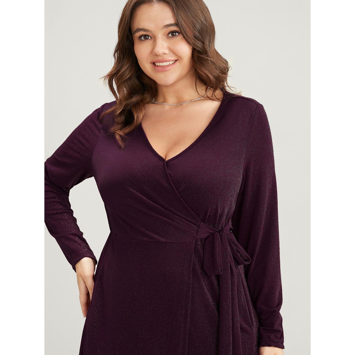 Plus Size Sequin Wrap Knotted Side Pocket Asymmetrical Hem Dress Eggplant Women Party Knotted V-neck Long Sleeve Curvy Midi Dress BloomChic 30/6X Product Image