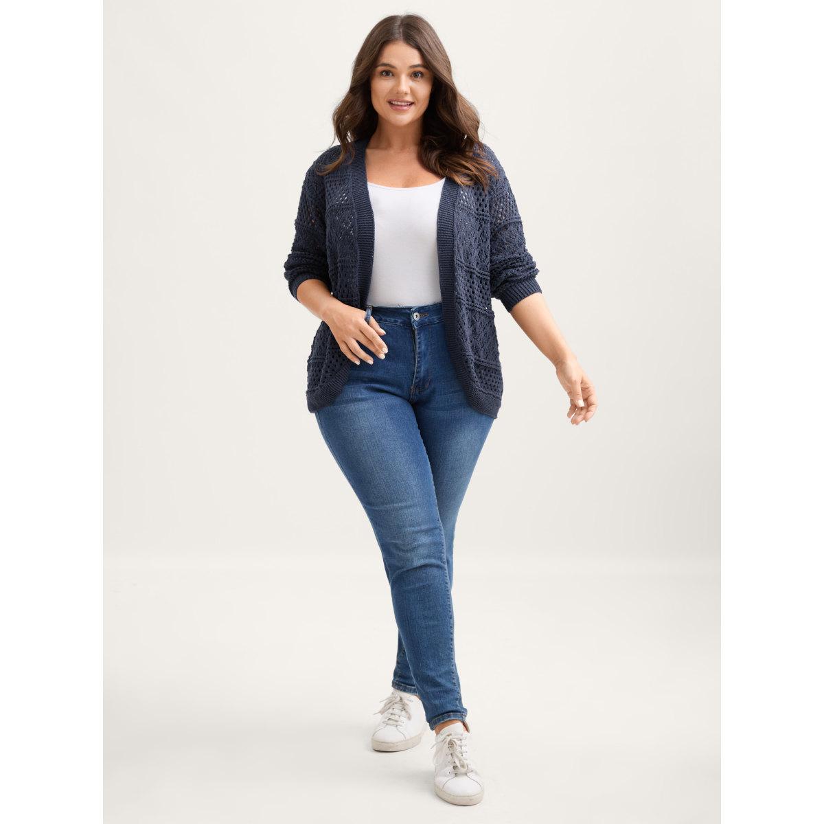 Plus Size Textured Cut-Out Arc Hem Lightweight Cardigan Indigo Women Leisure Loose Long Sleeve Casual Cardigans BloomChic 26/4X Product Image
