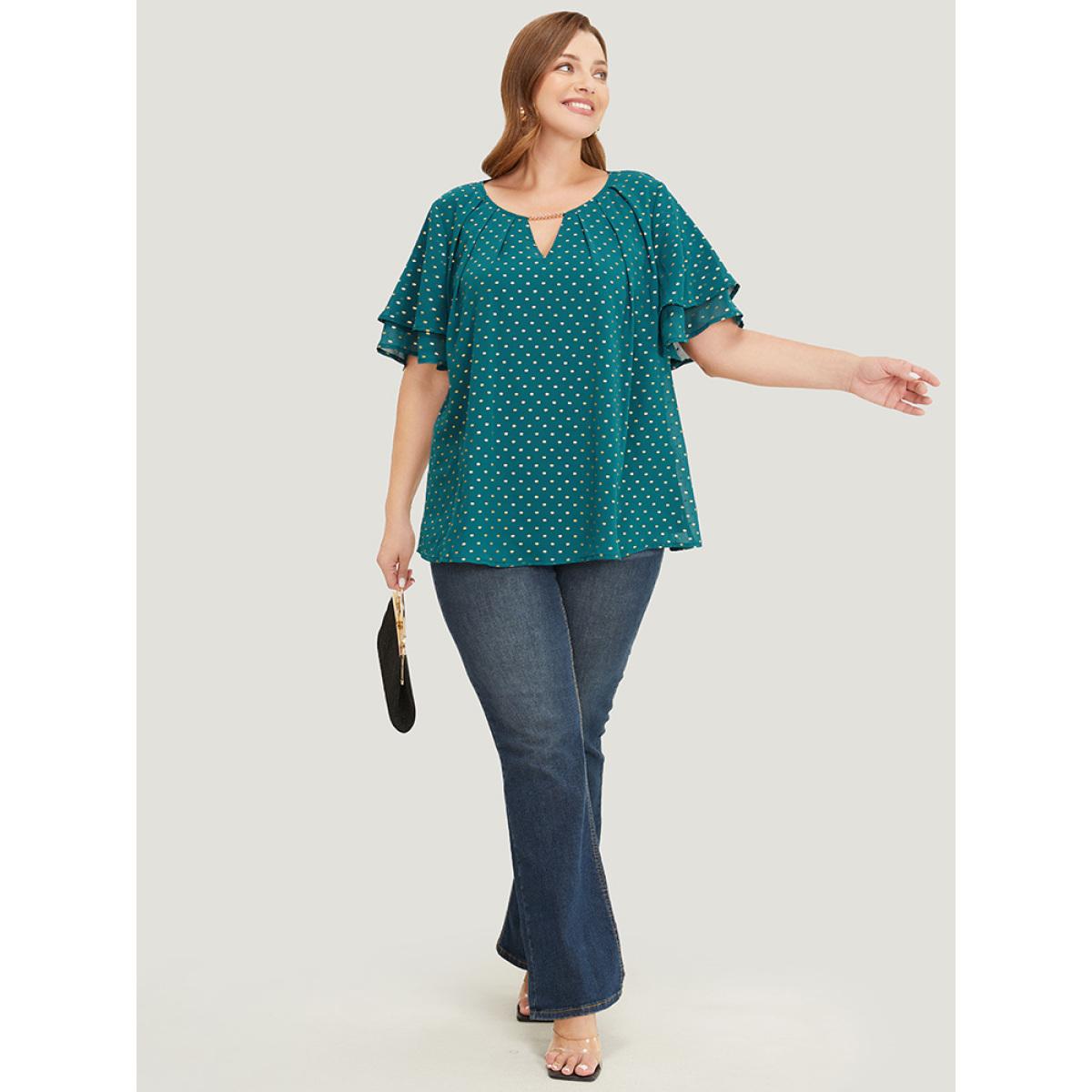 Plus Size DarkGreen Polka Dot Glitter Tiered Sleeve Pleated Keyhole Chain Neck Blouse Women Party Short sleeve Round Neck Going out Blouses BloomChic 30/6X Product Image